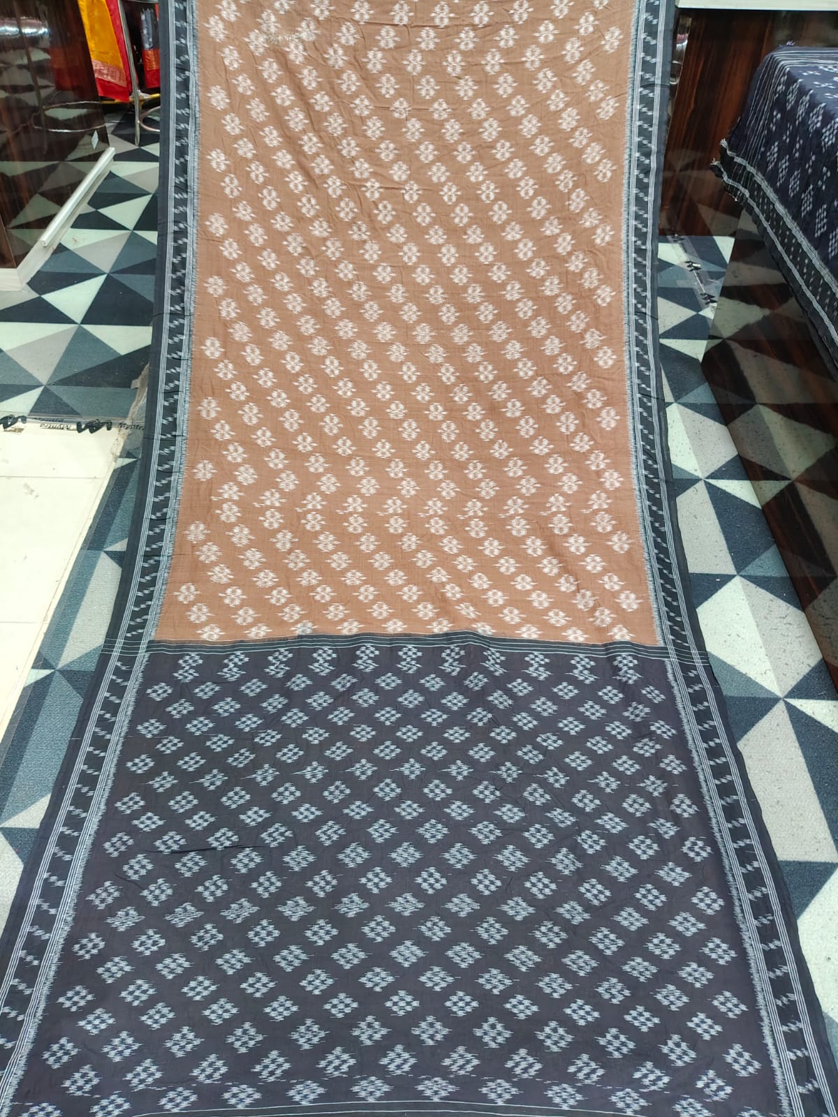 Brown Black Flower Design Khandua Cotton Saree