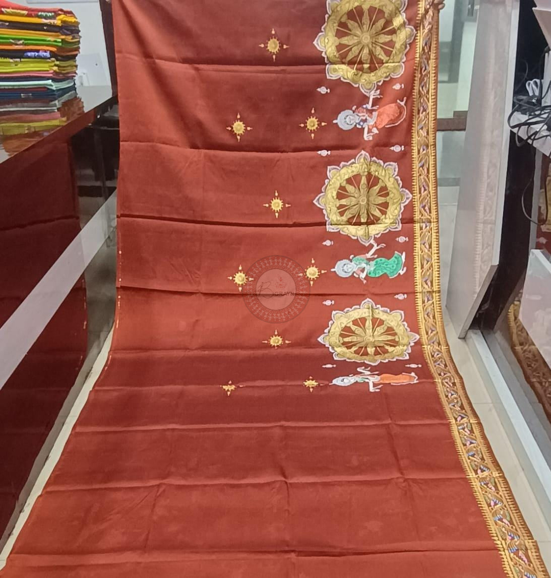Brown Full Body Konark Wheel and Odissi Dancer Pattachitra Kanjeeveram Silk Saree