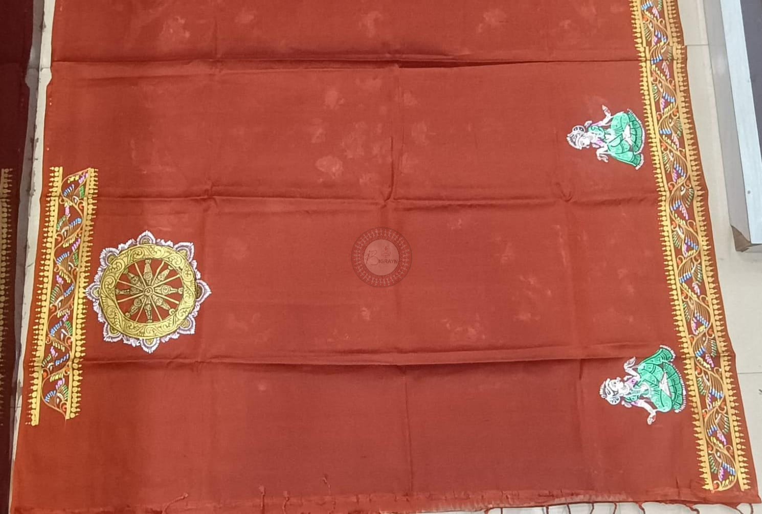 Brown Full Body Konark Wheel and Odissi Dancer Pattachitra Kanjeeveram Silk Saree