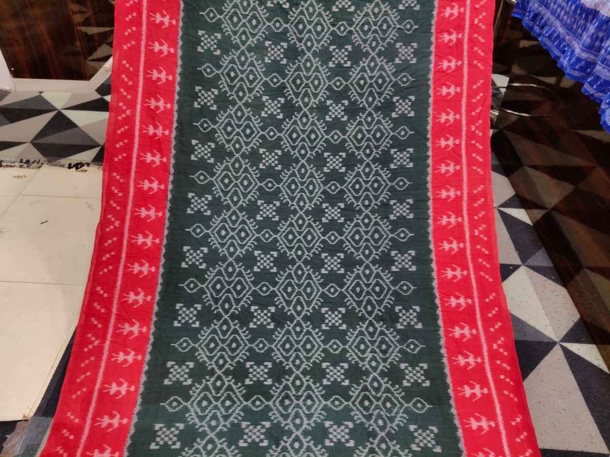 Buttle Green Red Flower & Scot Tribal Design  Khandua Cotton Saree