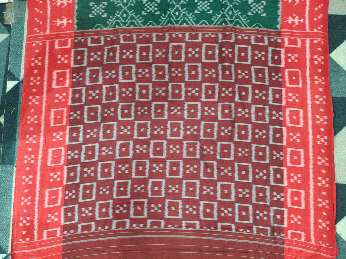 Buttle Green Red Flower & Scot Tribal Design  Khandua Cotton Saree