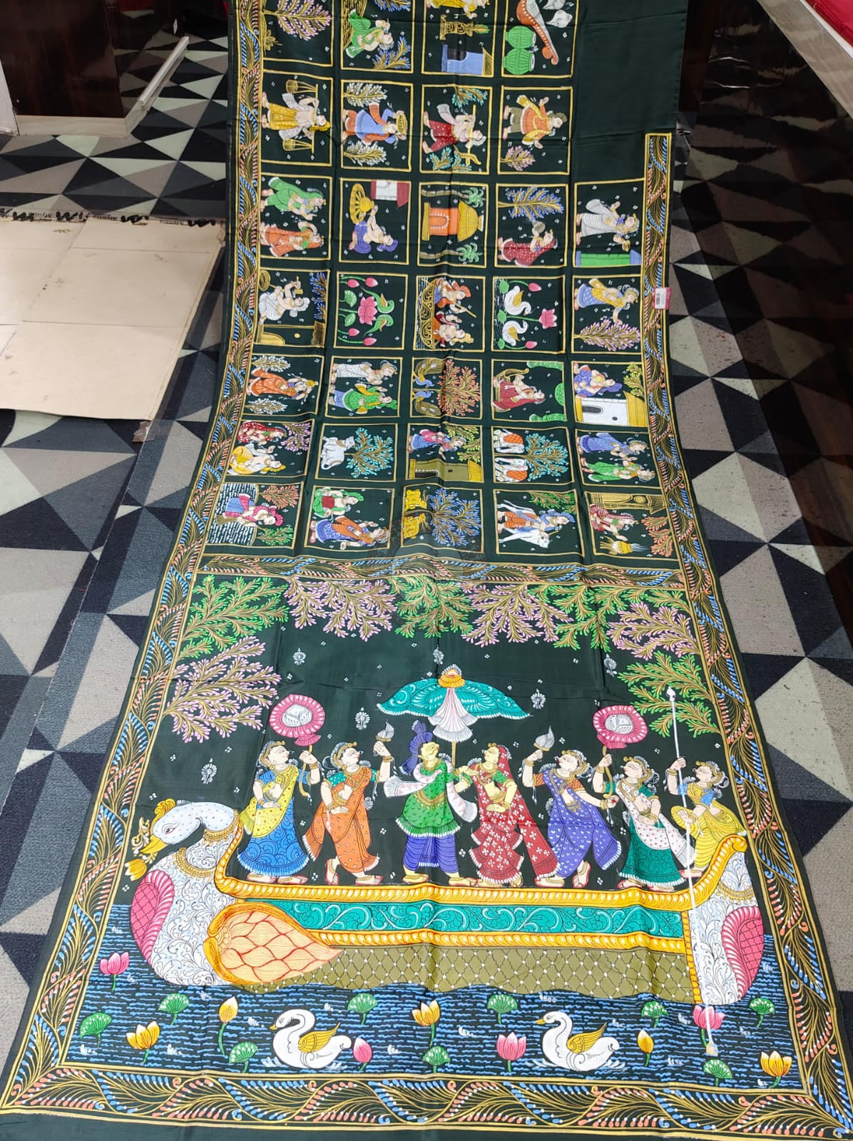 Buttle Green Small Box Boita Theme Pattachitra Pure Silk Saree