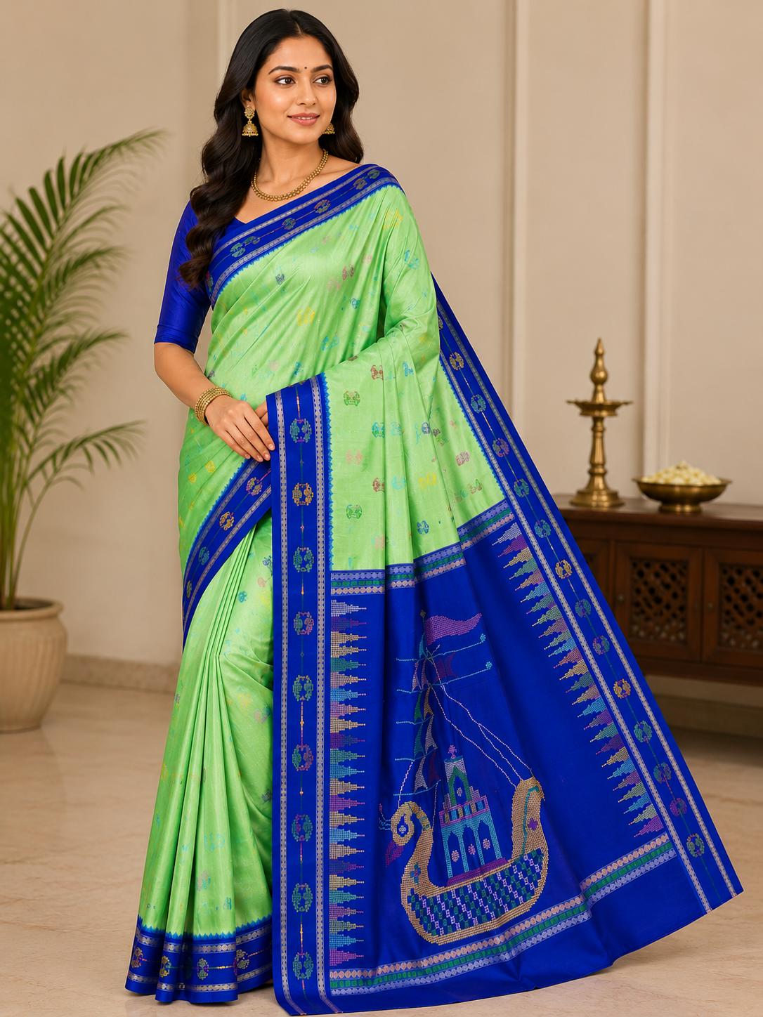 Pista Green Blue Boita Bomkai Silk Saree