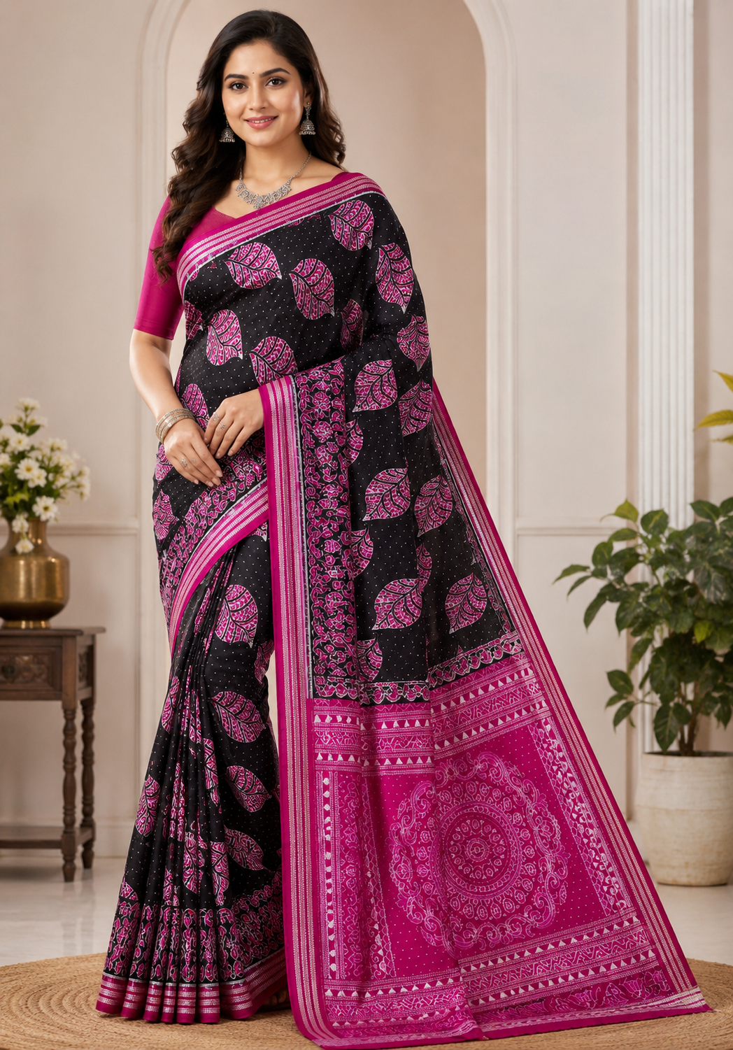 Black Magenta Body Leaf Design Sambalpuri Silk Saree