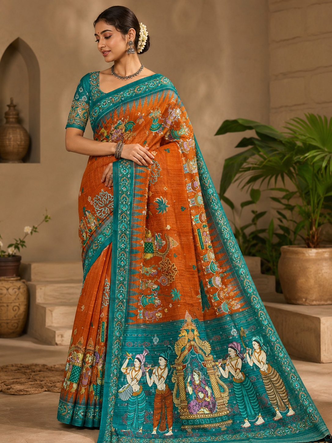 Orange Green  Marriage Theme Pattachitra Tussar Silk Saree