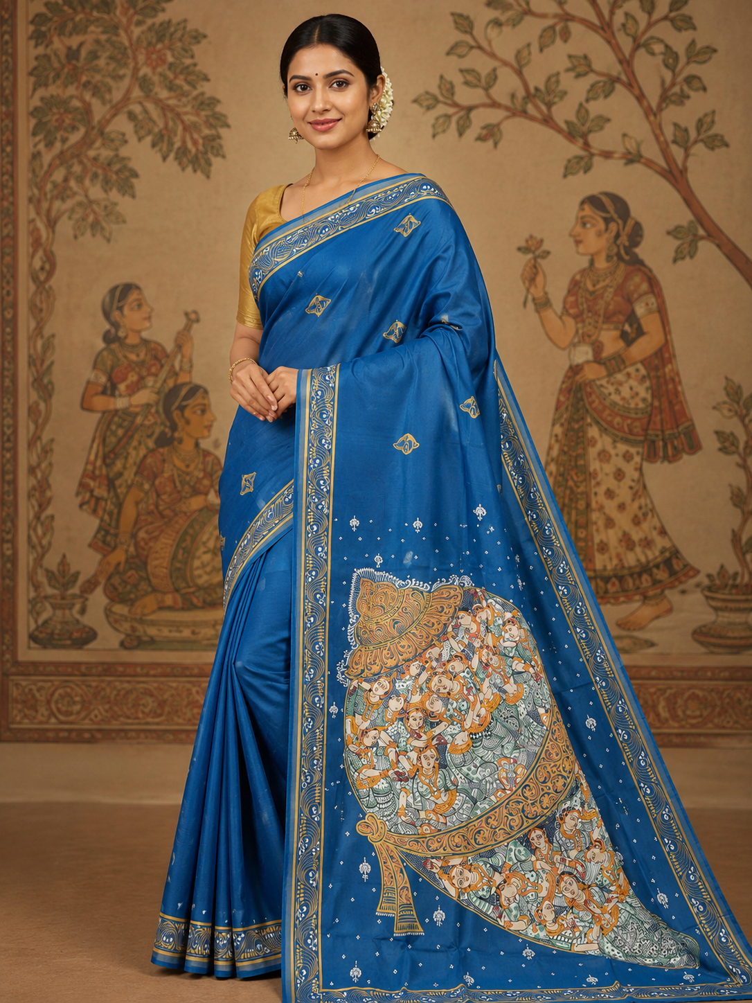 Teal Blue Kandarpa Sankha Theme Pattachitra Khadi Silk Saree