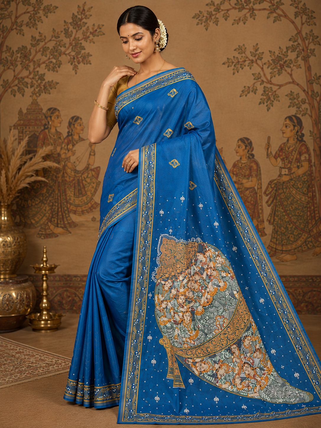 Teal Blue Kandarpa Sankha Theme Pattachitra Khadi Silk Saree