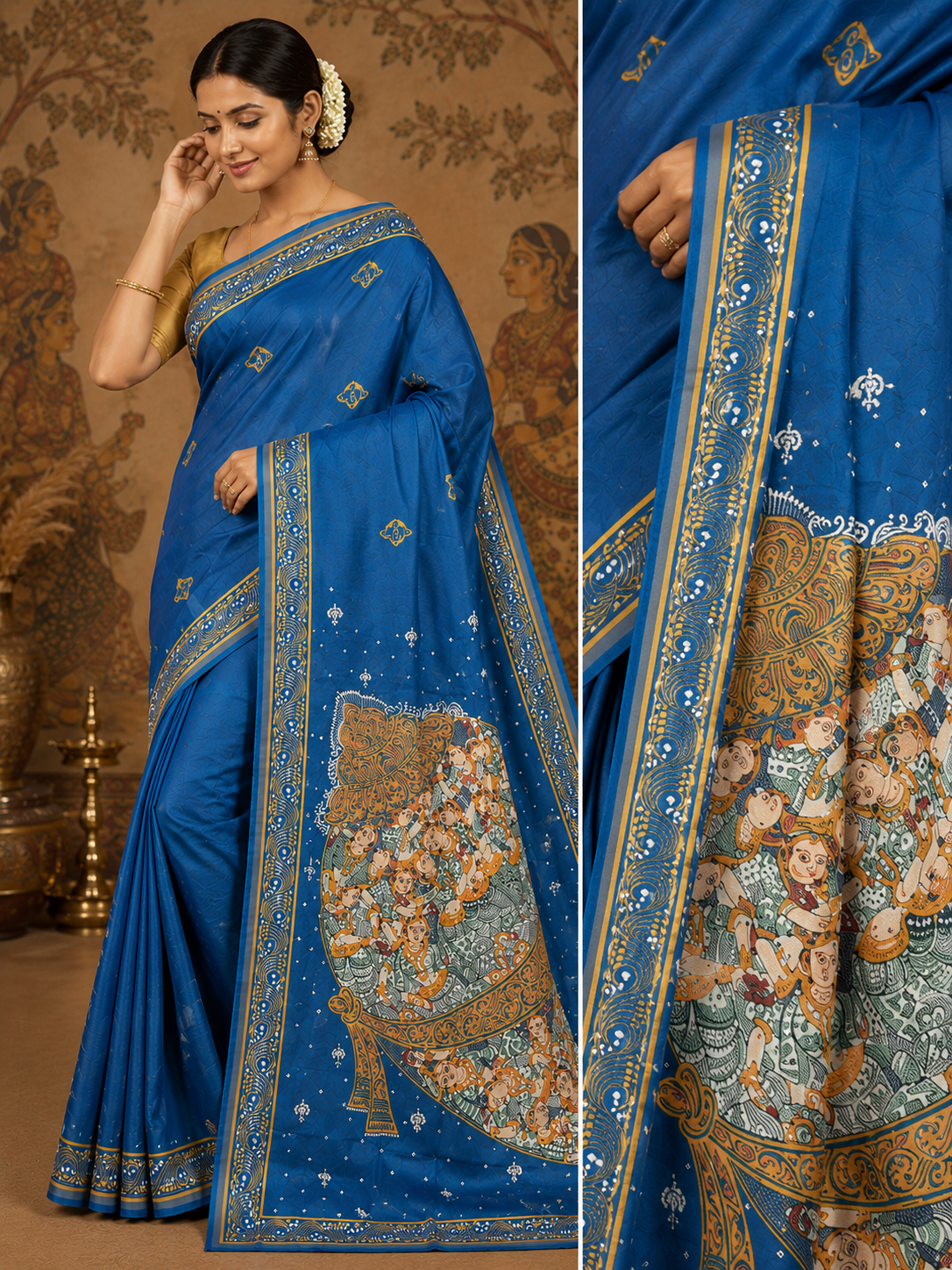 Teal Blue Kandarpa Sankha Theme Pattachitra Khadi Silk Saree