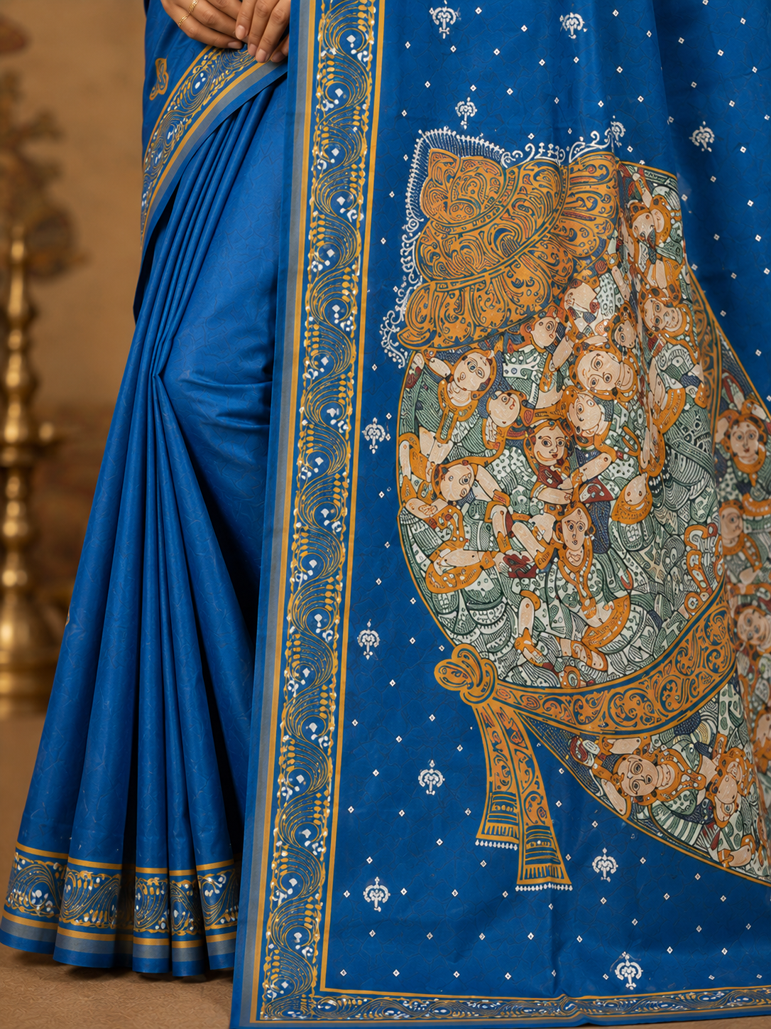 Teal Blue Kandarpa Sankha Theme Pattachitra Khadi Silk Saree