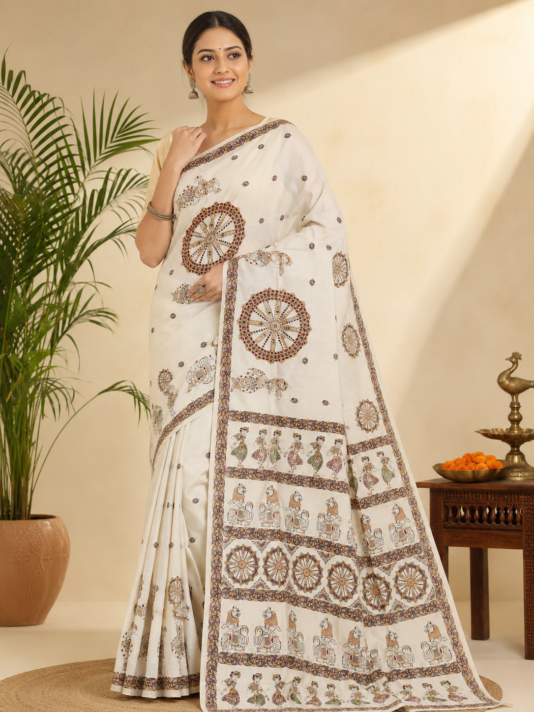 Off White Konark Wheel & Dancer Theme Pattachitra Khadi Silk Saree