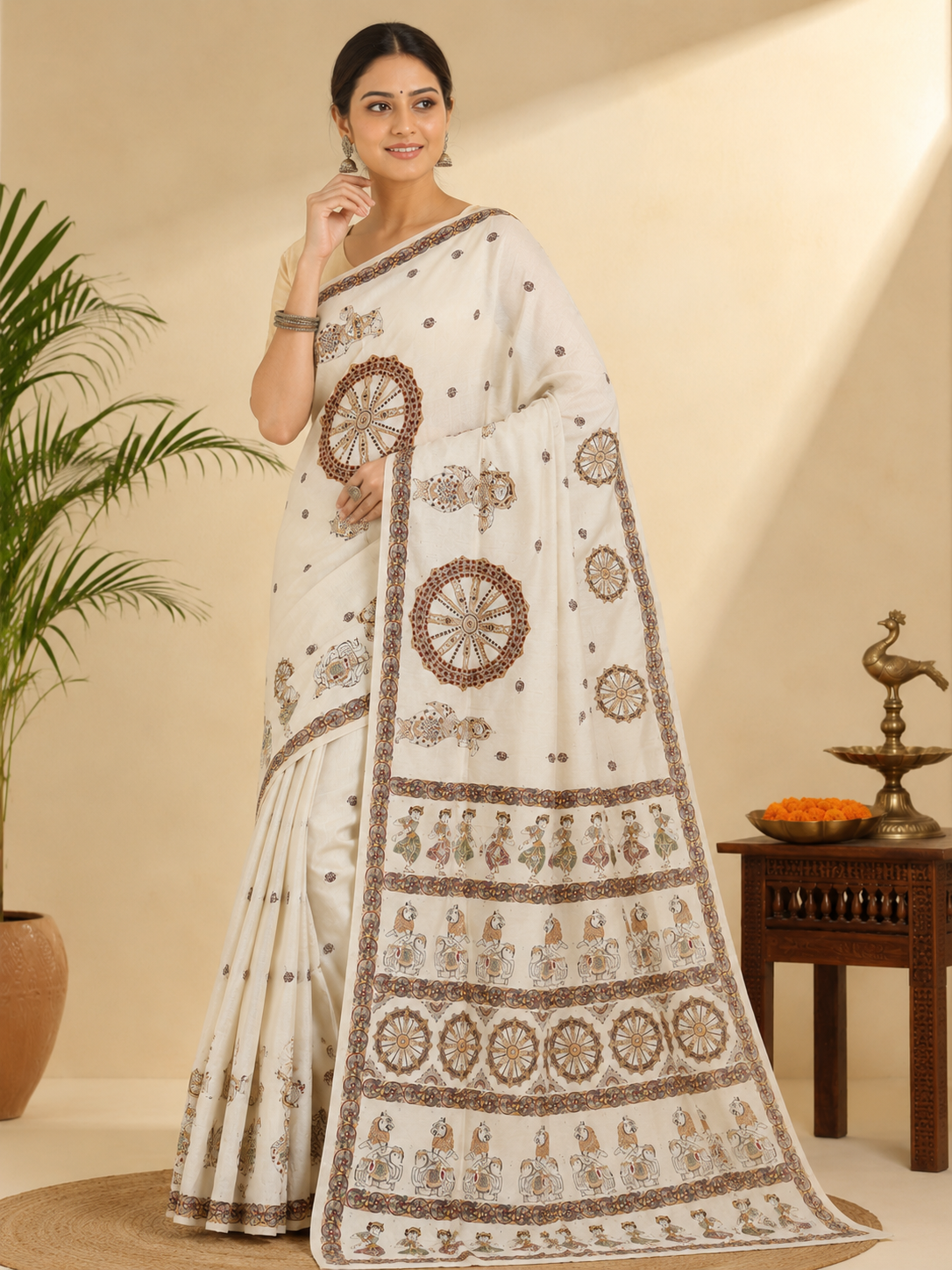 Off White Konark Wheel & Dancer Theme Pattachitra Khadi Silk Saree
