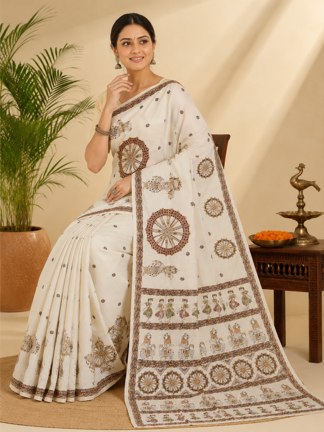 Off White Konark Wheel & Dancer Theme Pattachitra Khadi Silk Saree