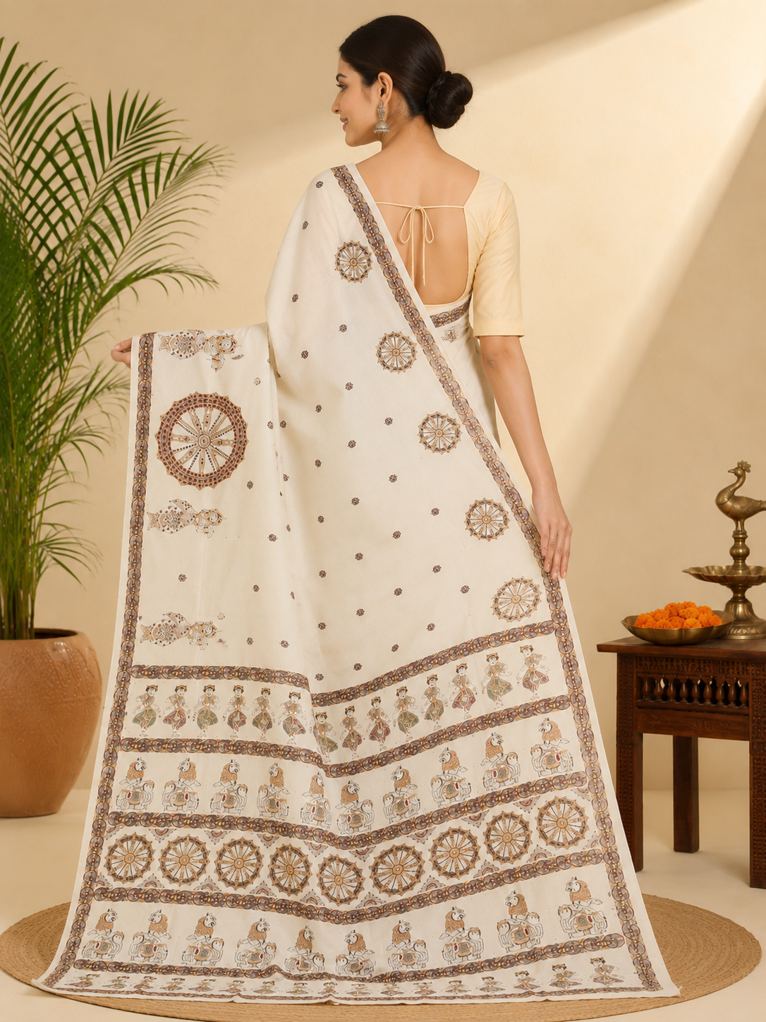 Off White Konark Wheel & Dancer Theme Pattachitra Khadi Silk Saree