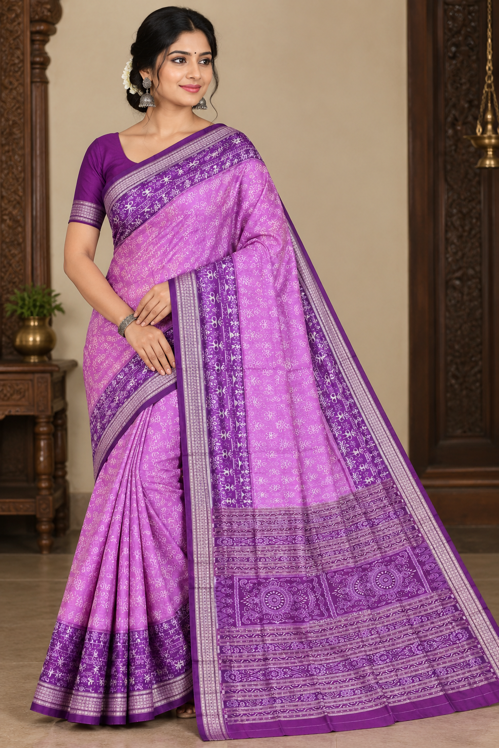 Pink & Deep Purple Tribal And Tree Design Sambalpuri Silk Saree