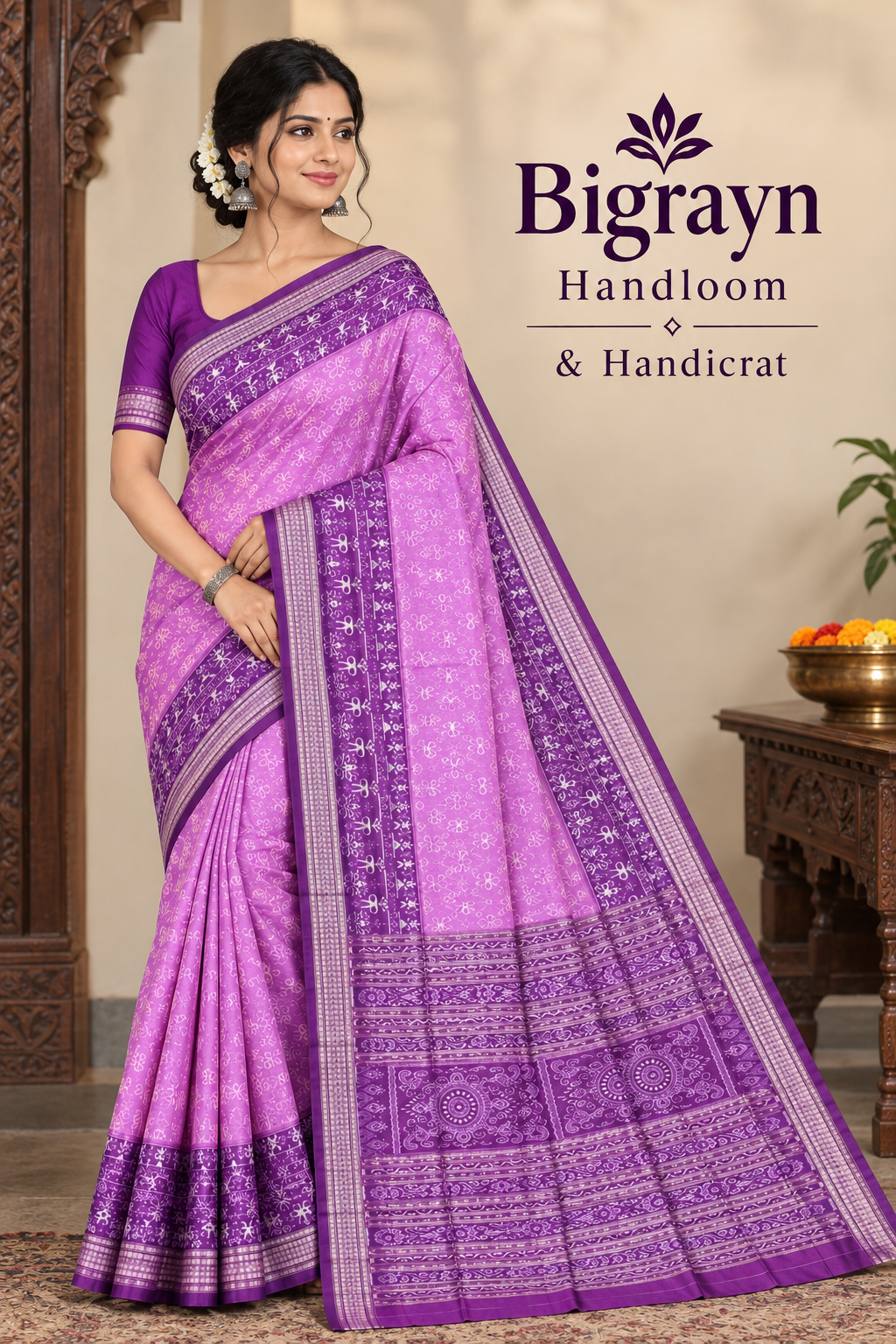 Pink & Deep Purple Tribal And Tree Design Sambalpuri Silk Saree