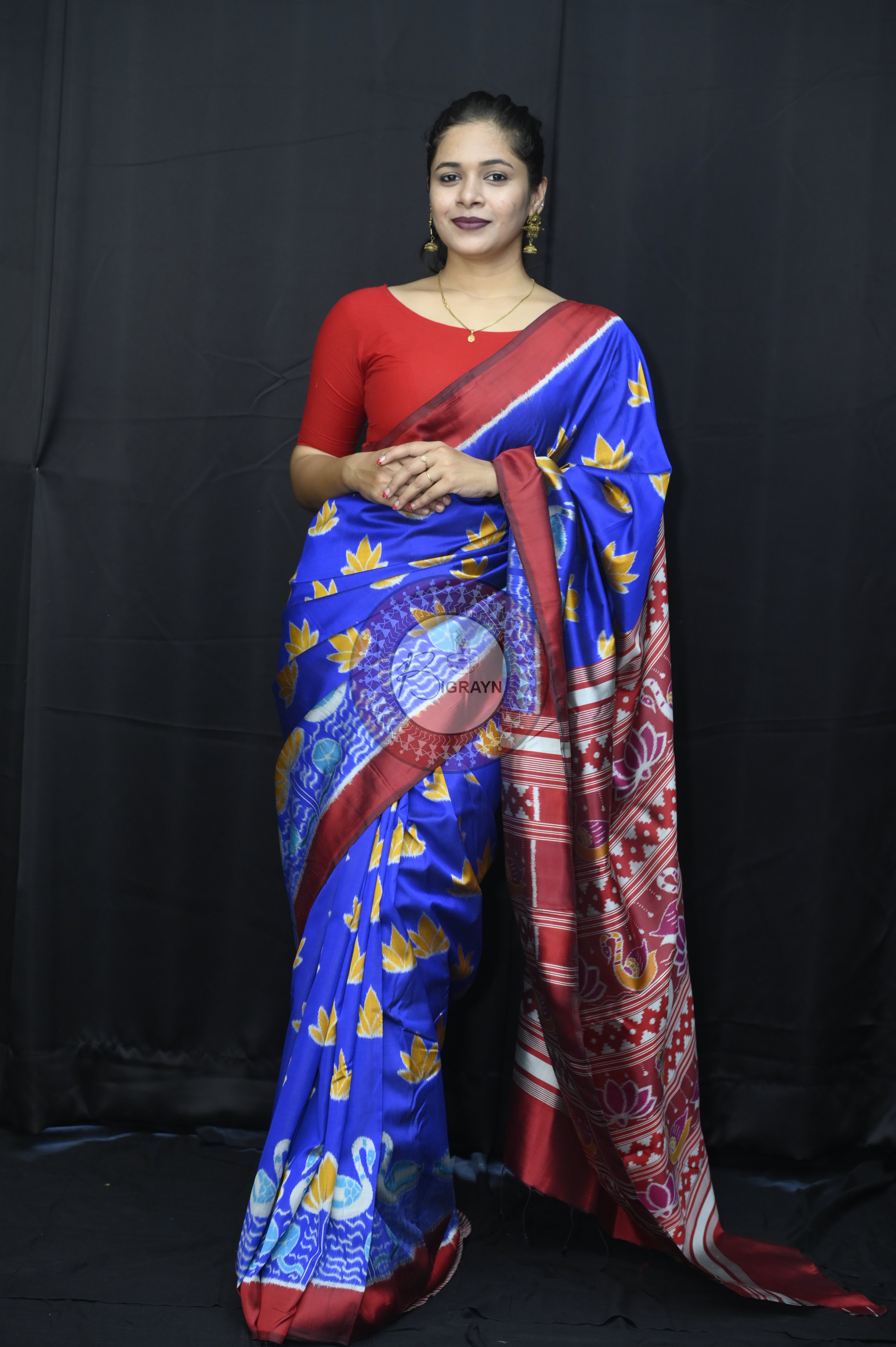 Blue Maroon Lotus Swans Mulberry Silk Saree