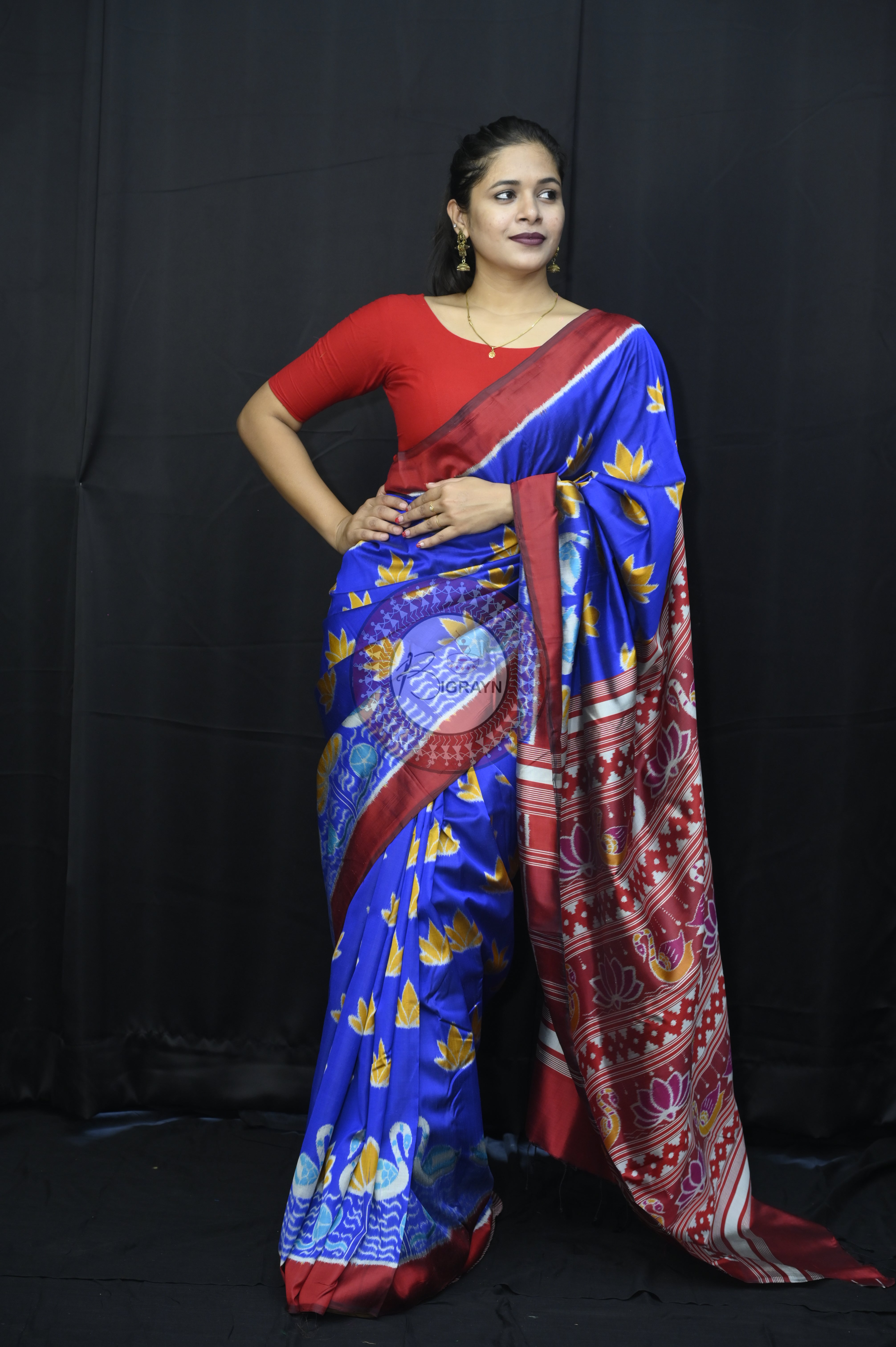 Blue Maroon Lotus Swans Mulberry Silk Saree