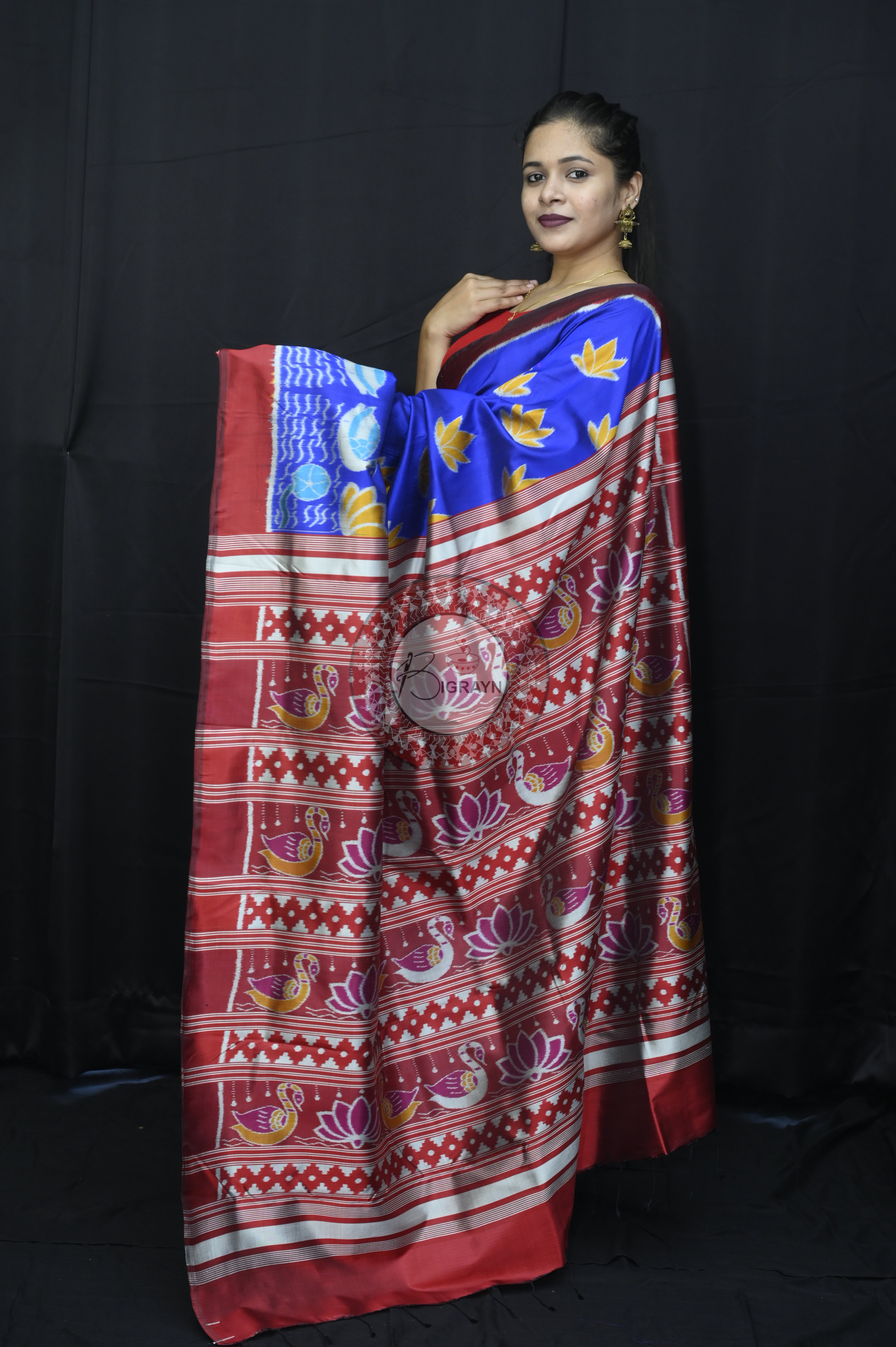Blue Maroon Lotus Swans Mulberry Silk Saree