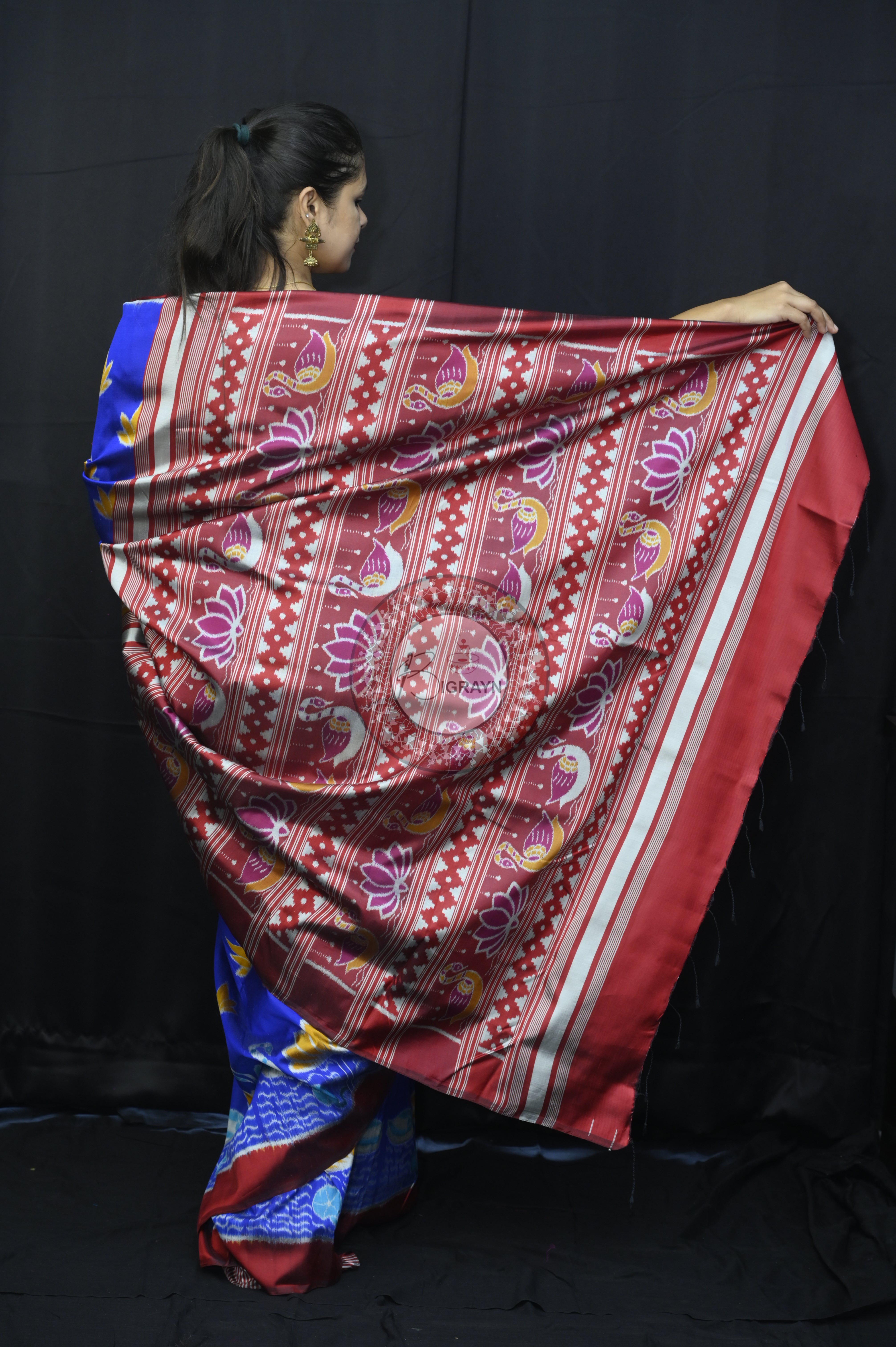 Blue Maroon Lotus Swans Mulberry Silk Saree