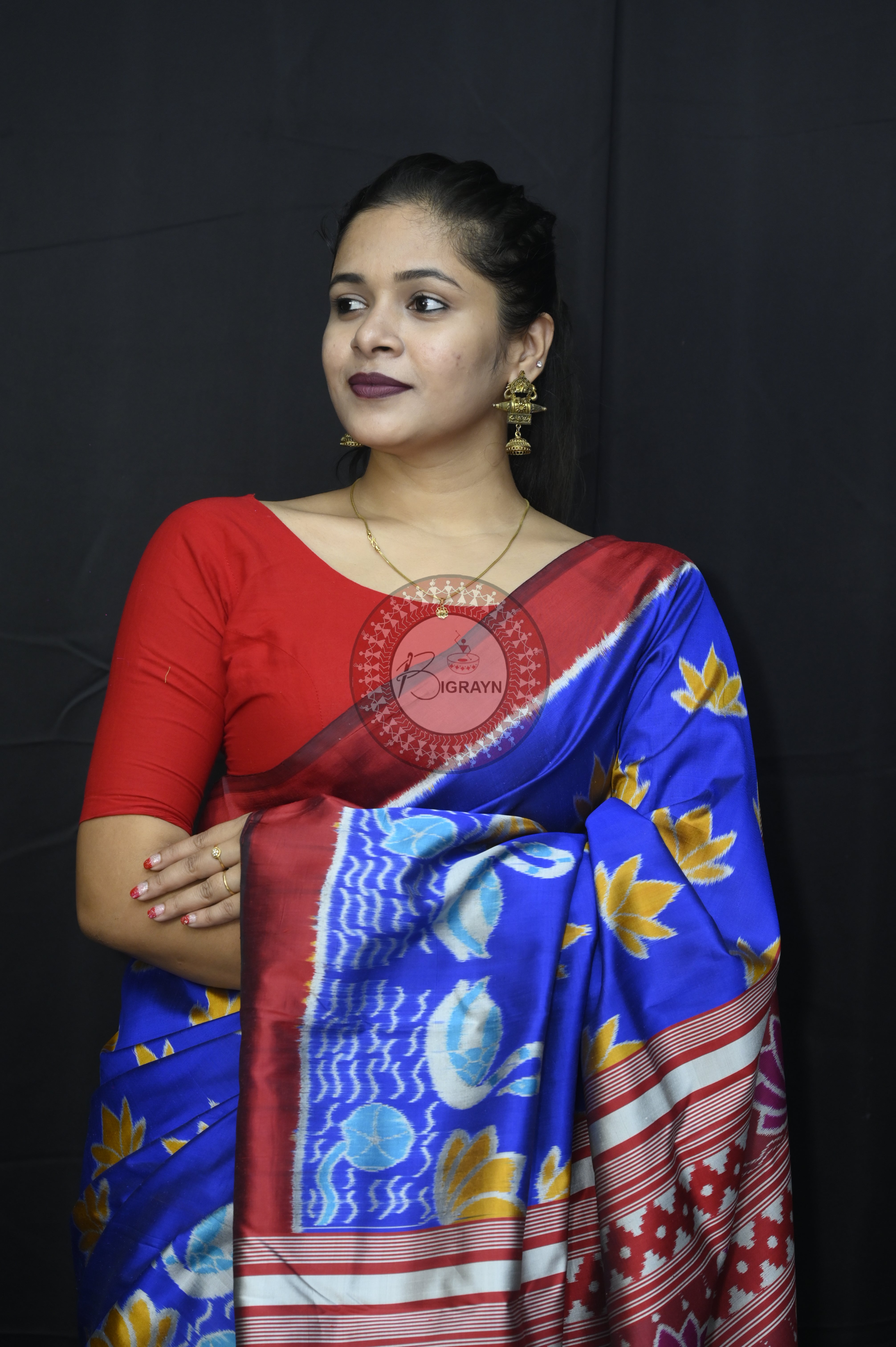 Blue Maroon Lotus Swans Mulberry Silk Saree
