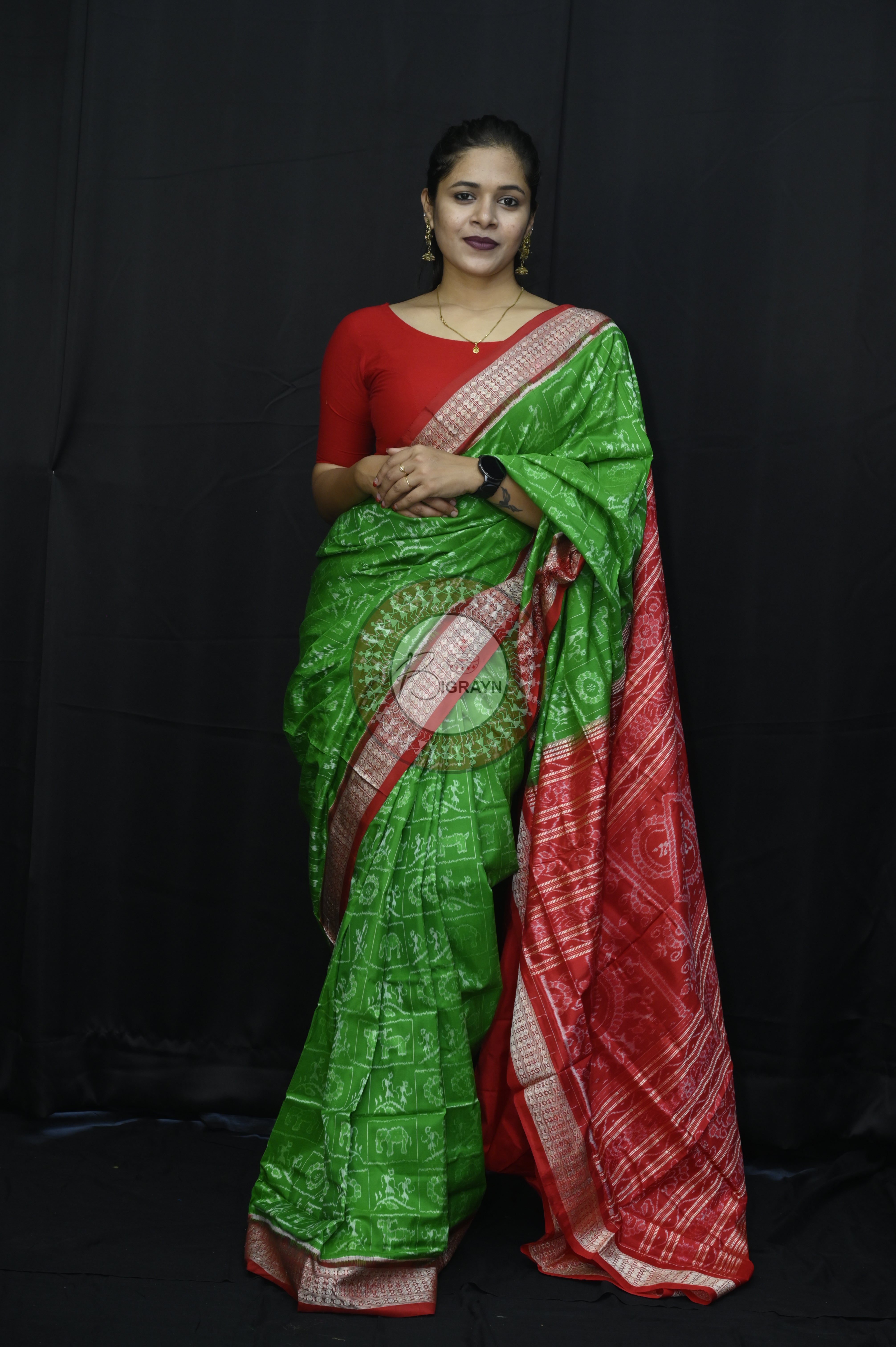 Green Red Tribal And Animal Sambalpuri Silk Saree