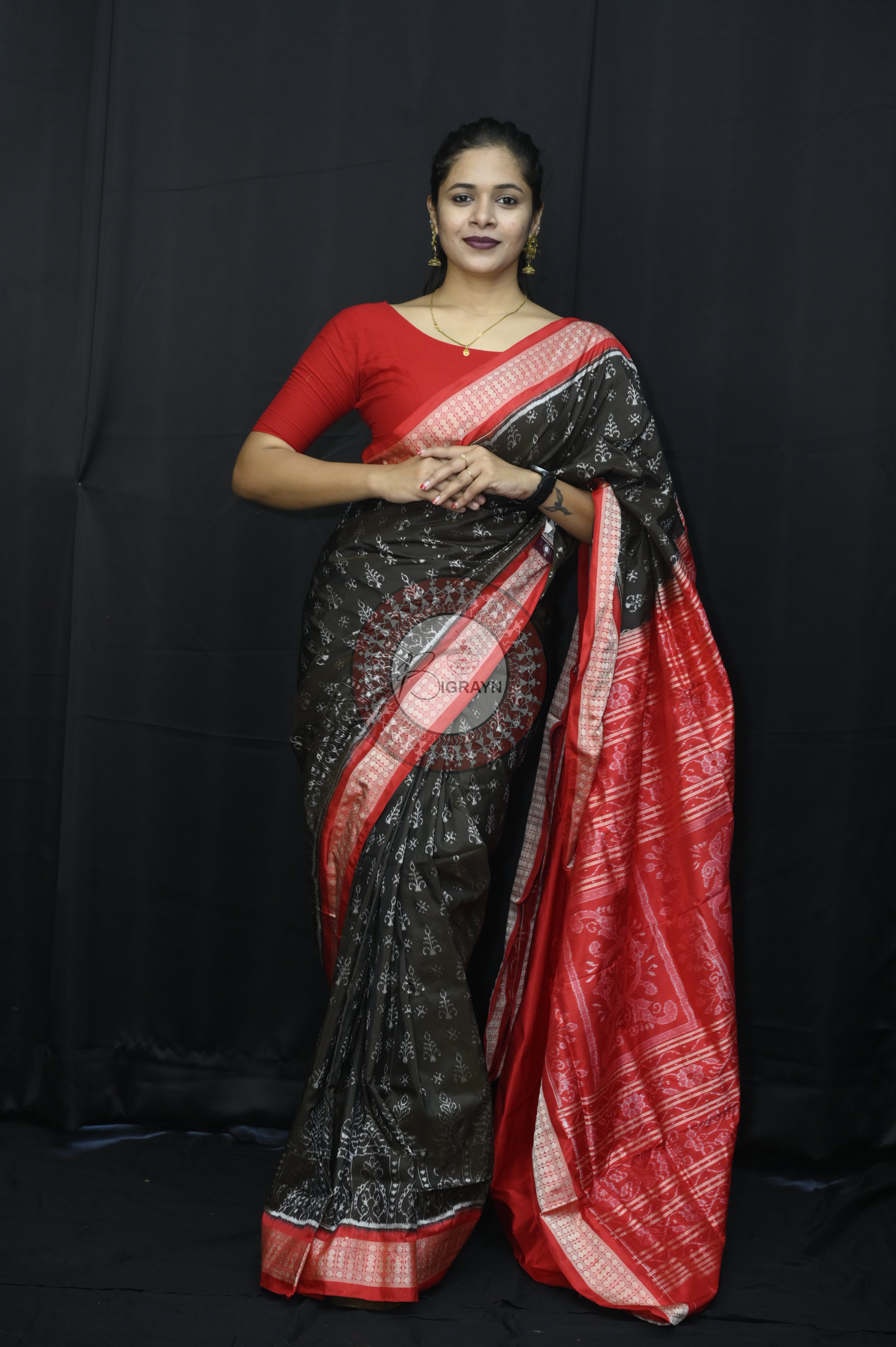 Black Red Tribal Tree Sambalpuri Silk Saree