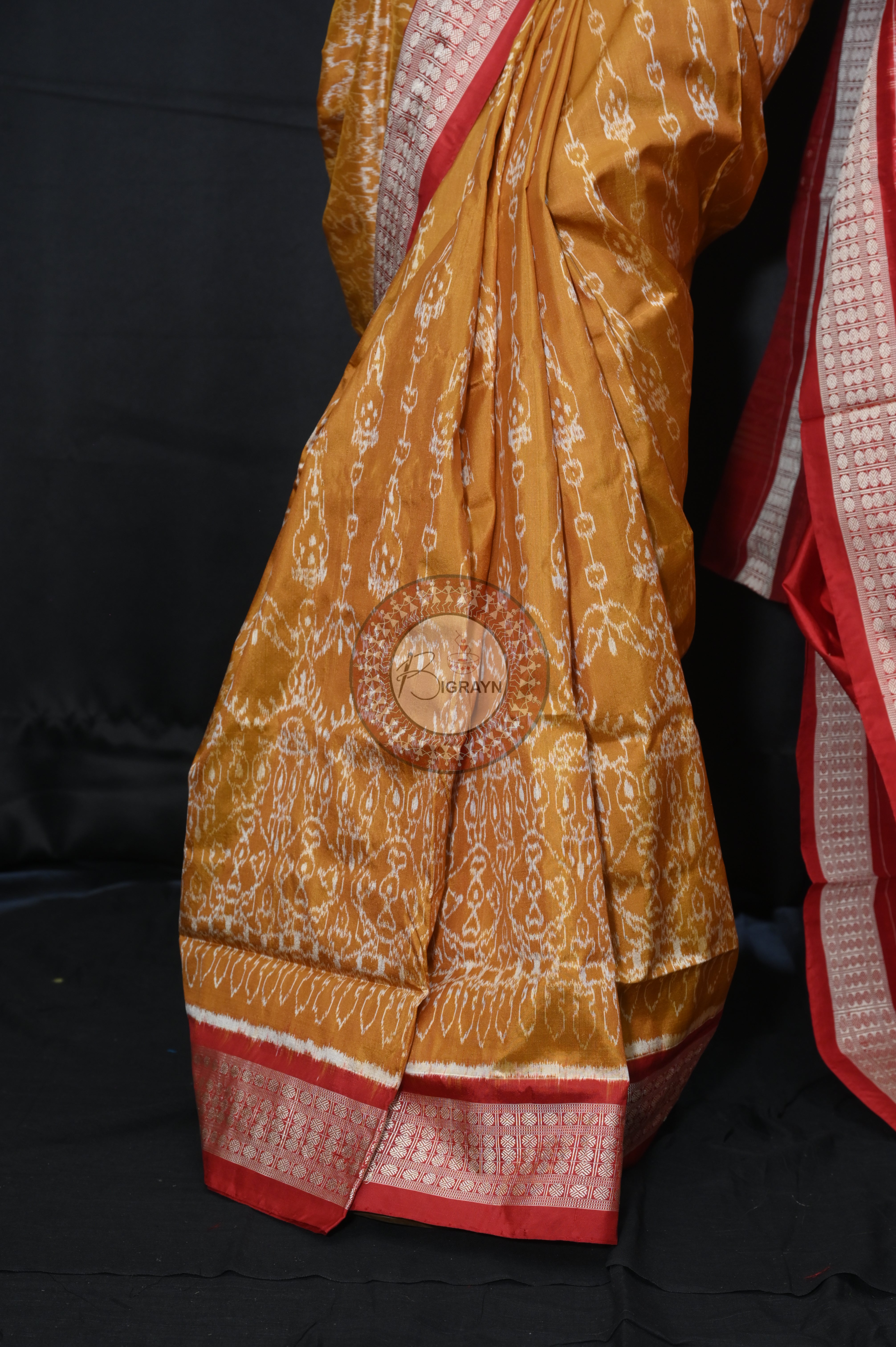 Mustard Yellow Red  Flower Sambalpuri Silk Saree