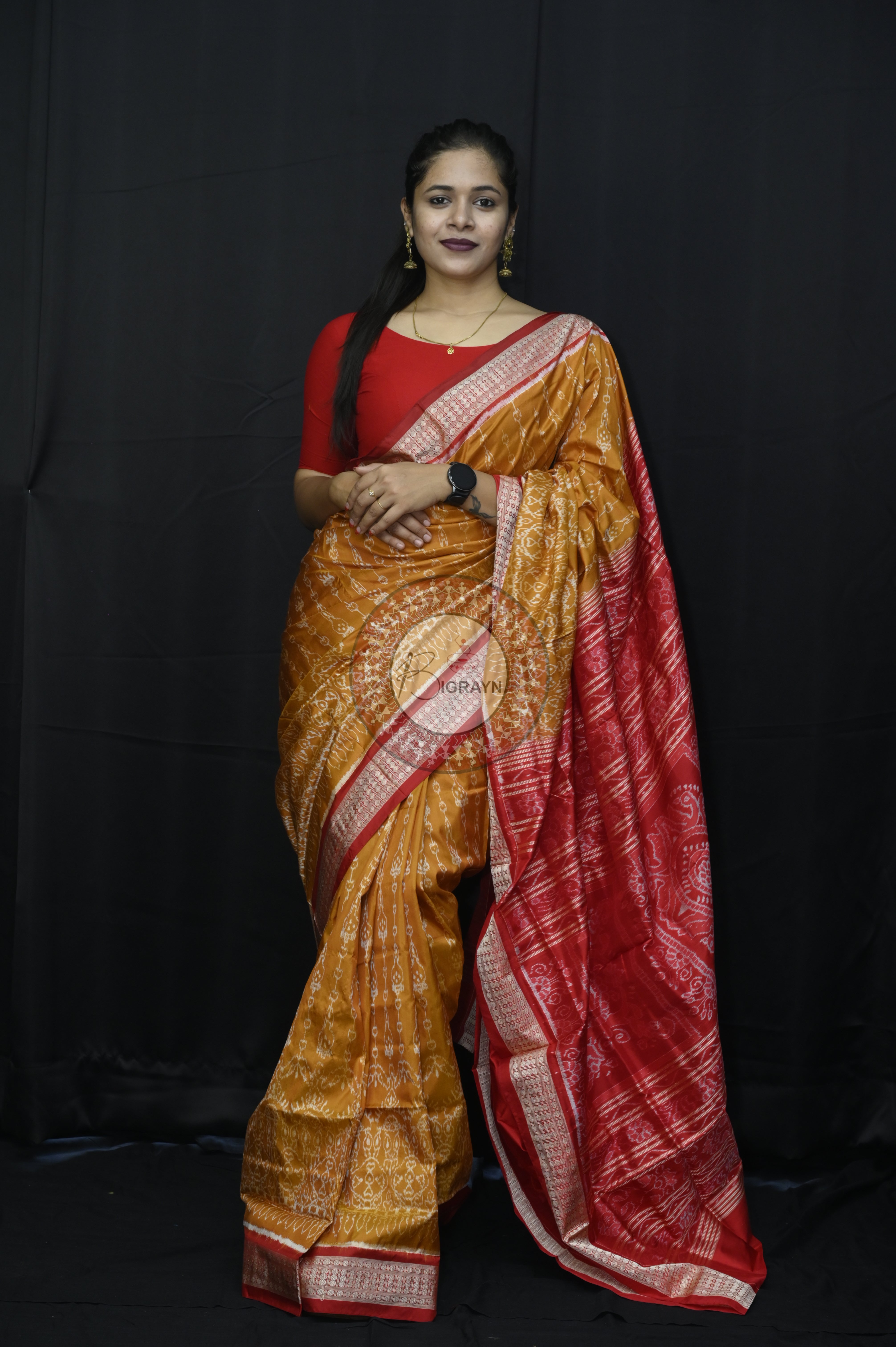 Mustard Yellow Red  Flower Sambalpuri Silk Saree