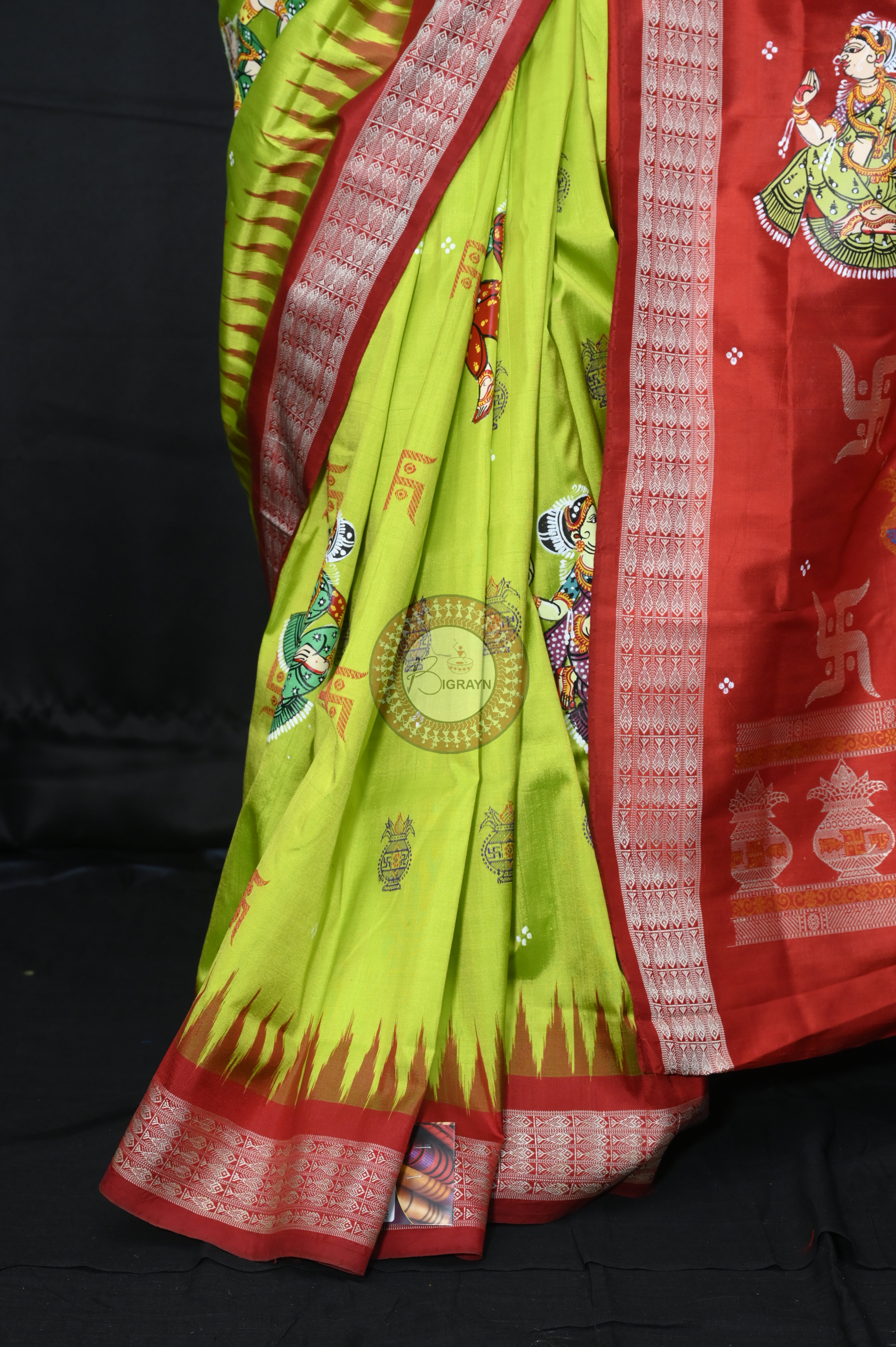 Neon Green Red Swastik Kalashi With Dancer Theme Pattachitra Sambalpuri Silk Saree