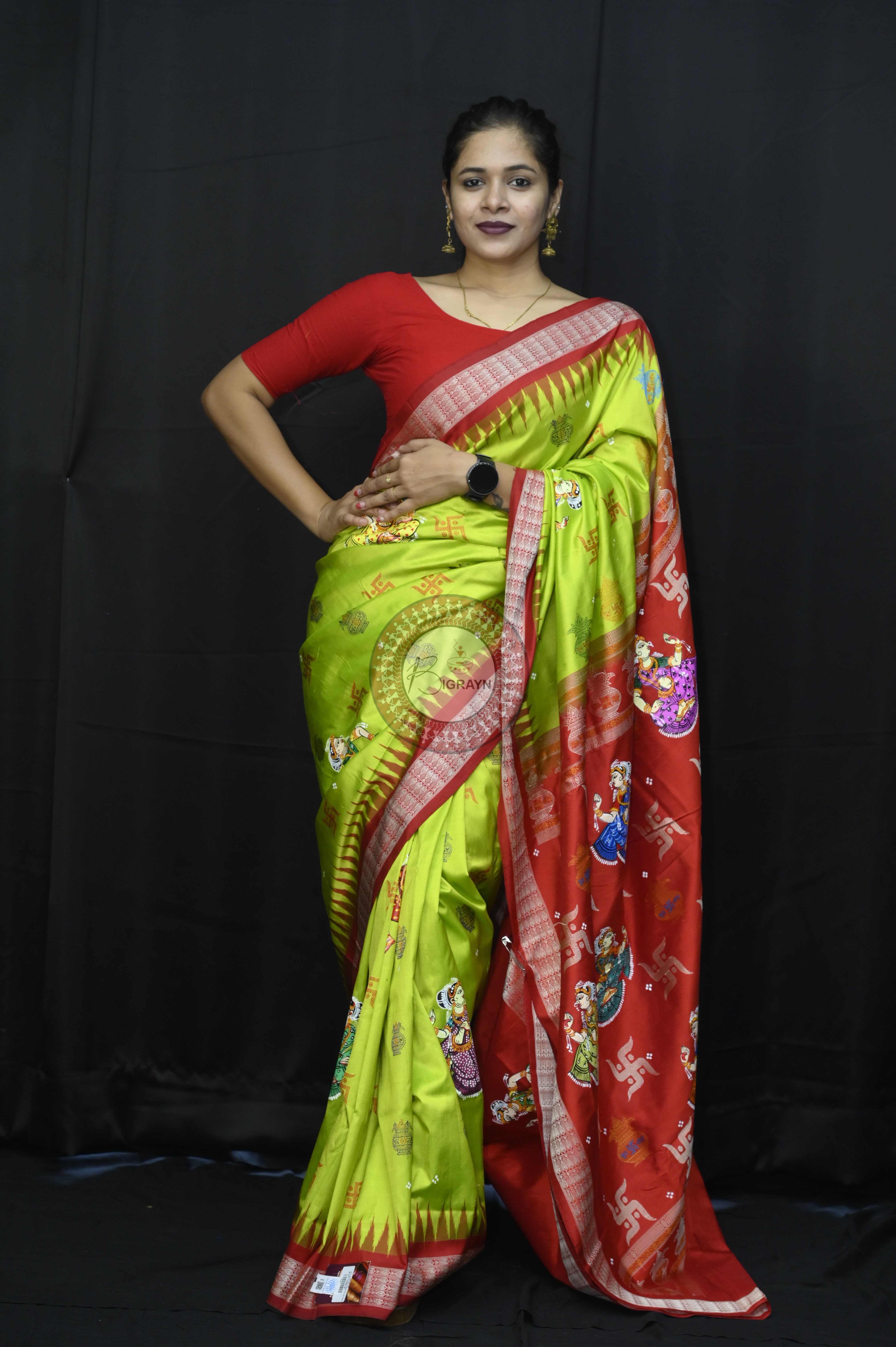 Neon Green Red Swastik Kalashi With Dancer Theme Pattachitra Sambalpuri Silk Saree