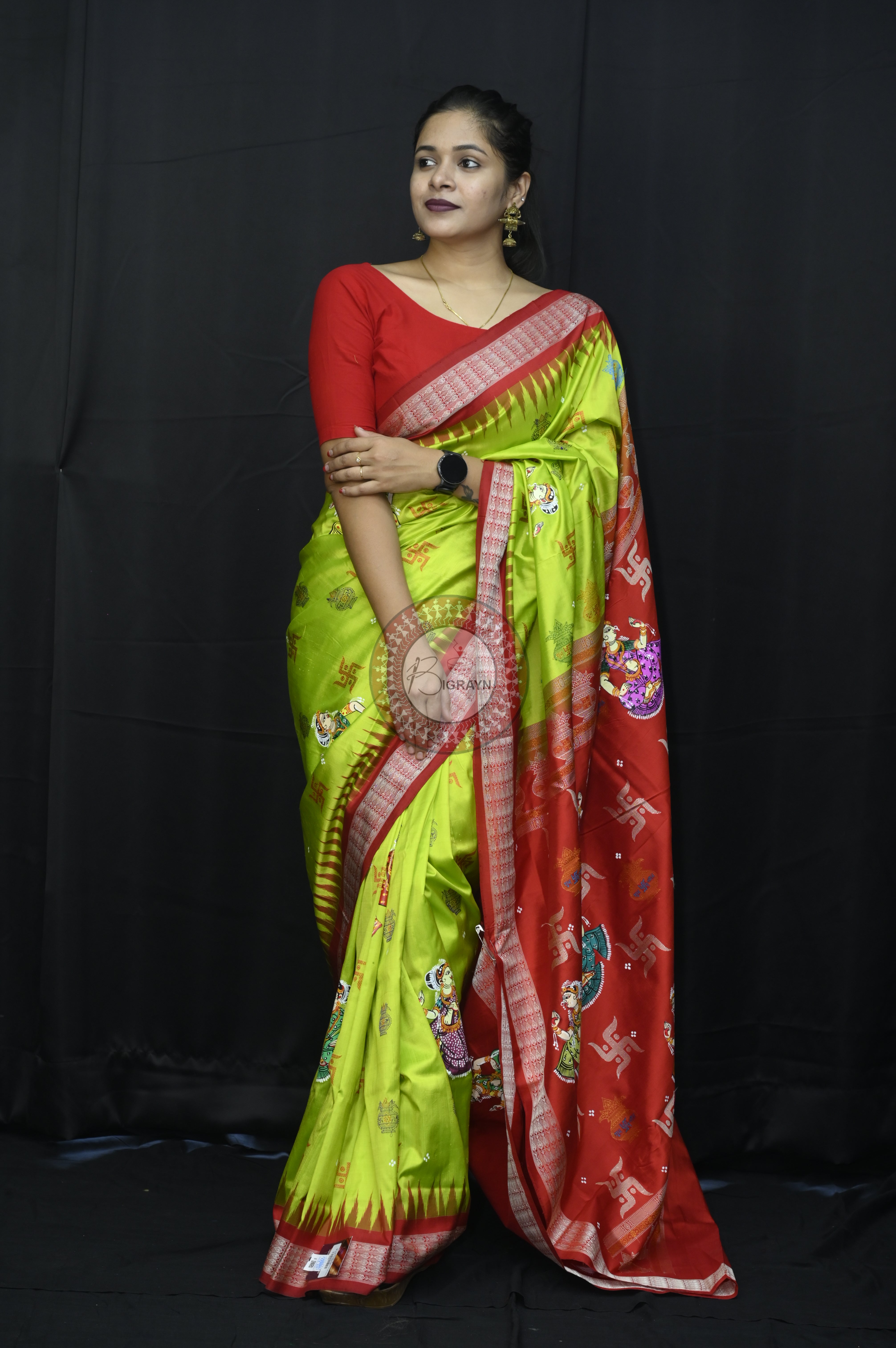 Neon Green Red Swastik Kalashi With Dancer Theme Pattachitra Sambalpuri Silk Saree