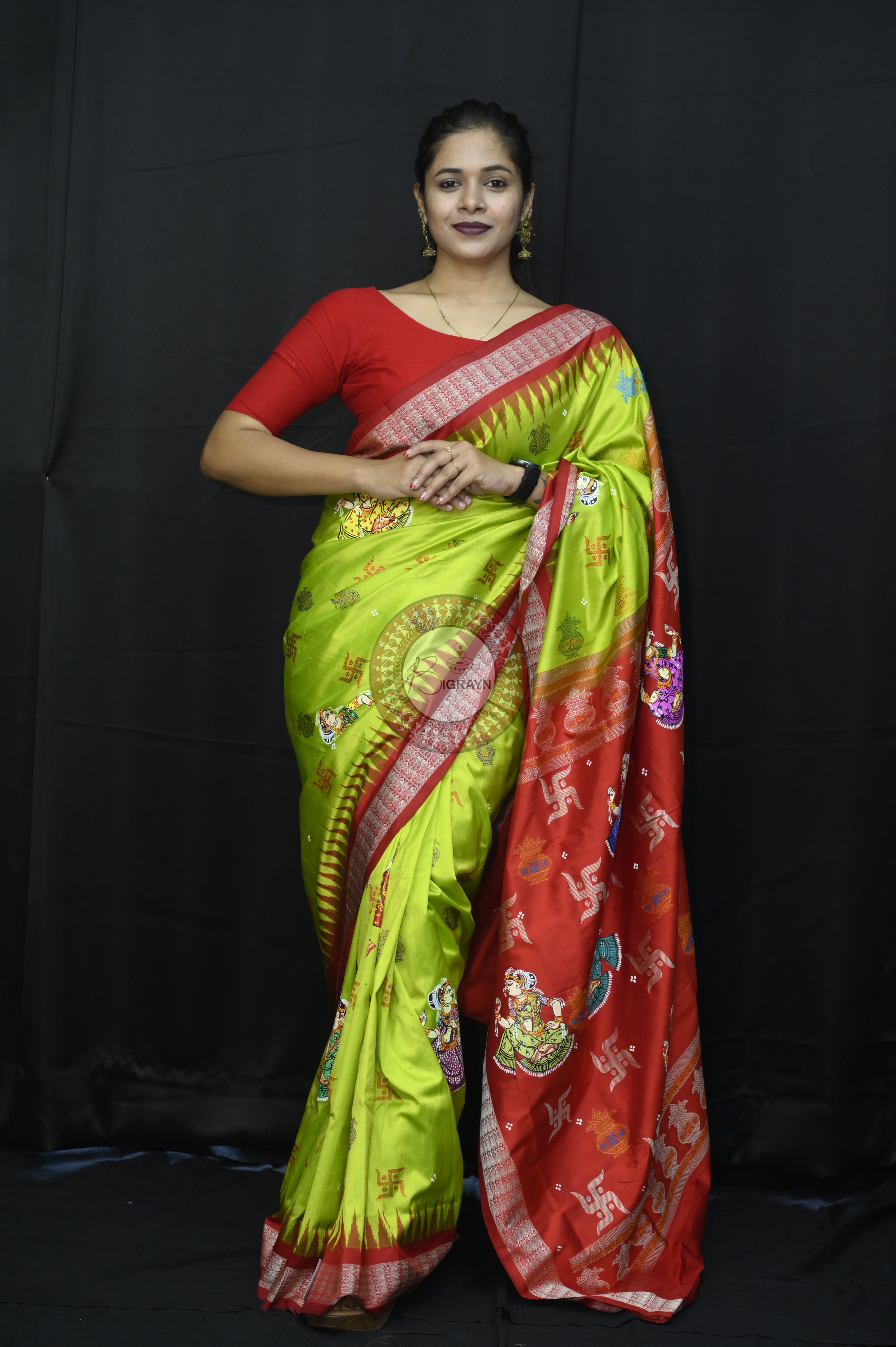 Neon Green Red Swastik Kalashi With Dancer Theme Pattachitra Sambalpuri Silk Saree