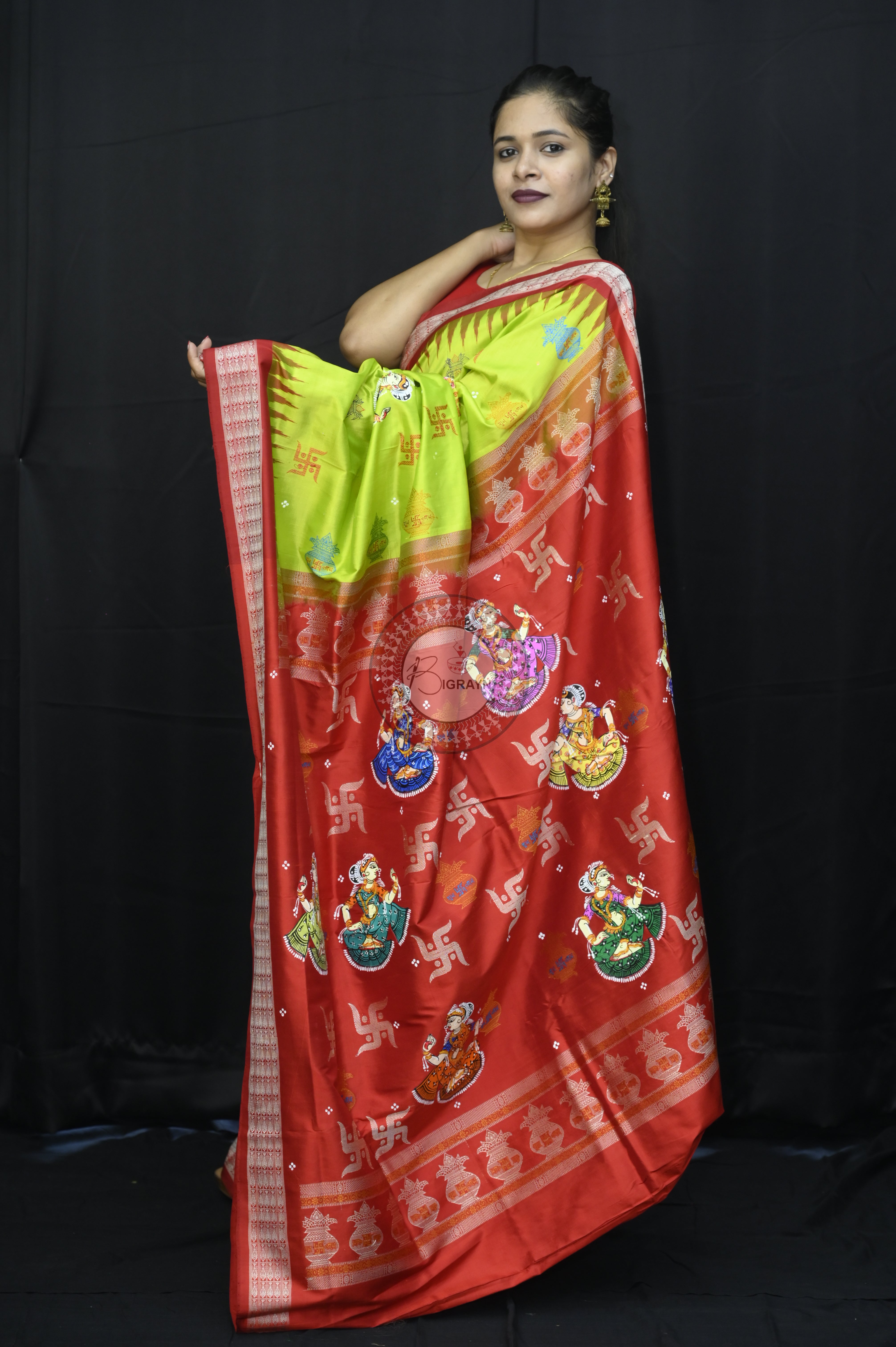 Neon Green Red Swastik Kalashi With Dancer Theme Pattachitra Sambalpuri Silk Saree