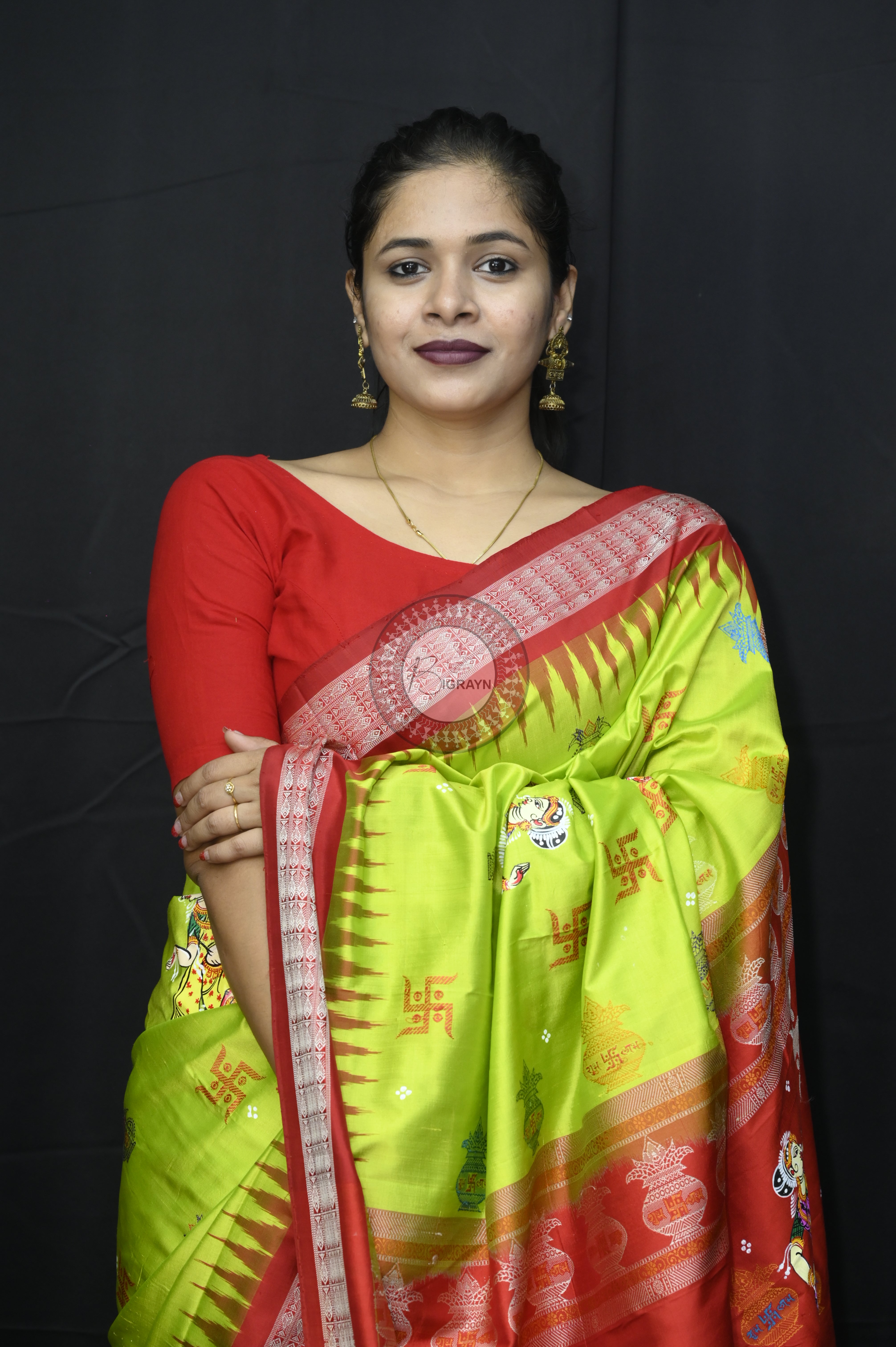Neon Green Red Swastik Kalashi With Dancer Theme Pattachitra Sambalpuri Silk Saree
