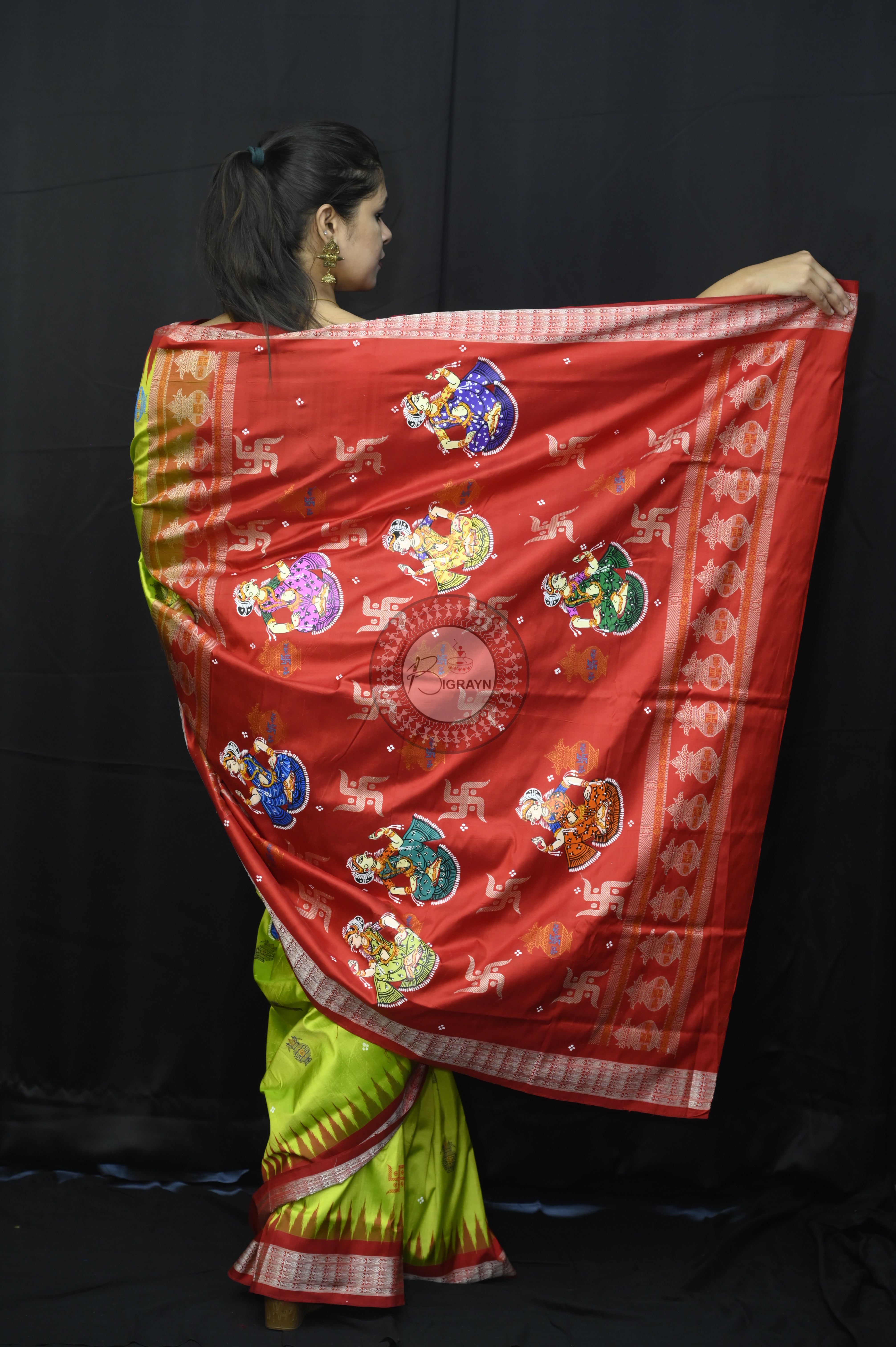 Neon Green Red Swastik Kalashi With Dancer Theme Pattachitra Sambalpuri Silk Saree