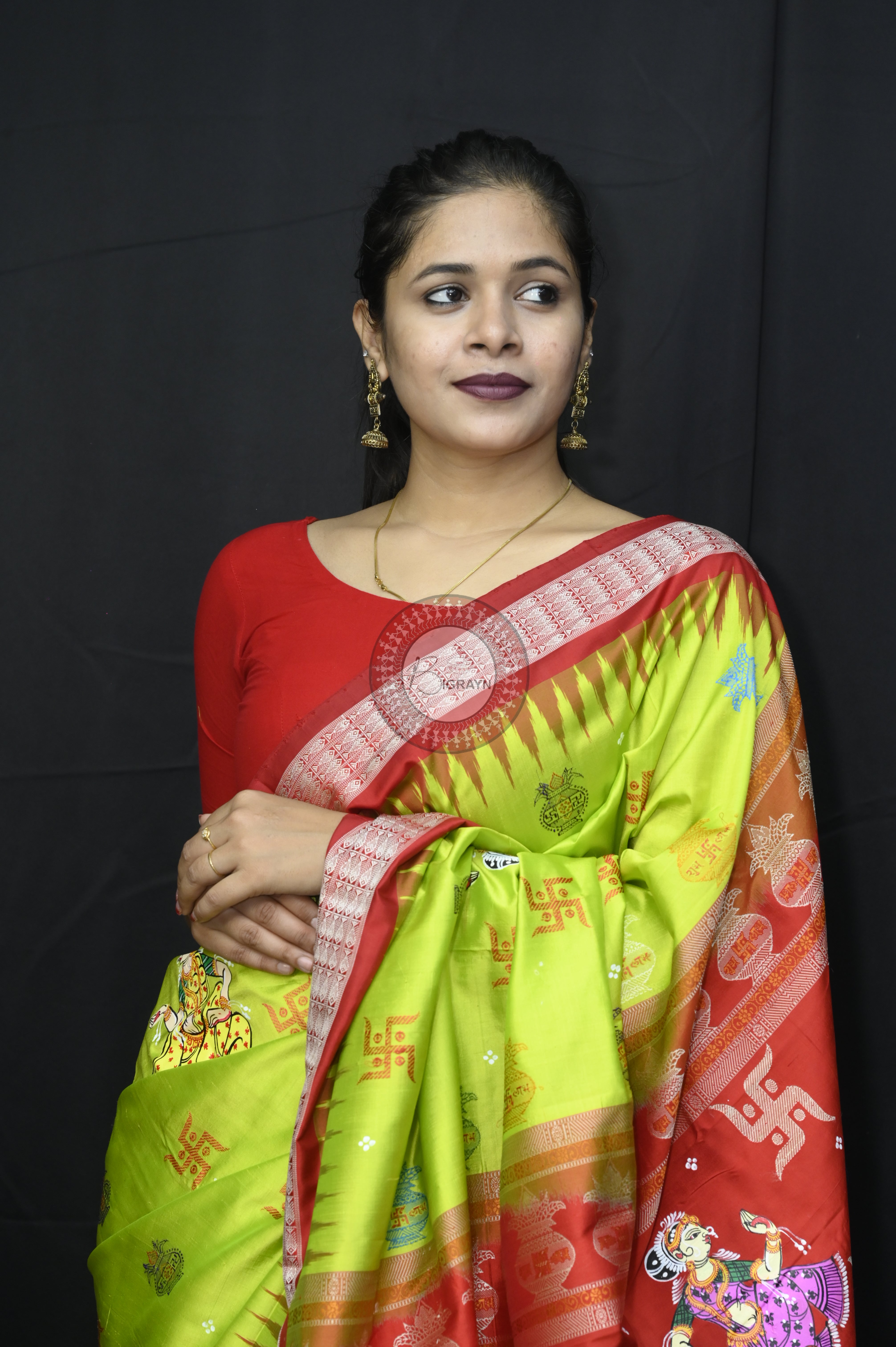 Neon Green Red Swastik Kalashi With Dancer Theme Pattachitra Sambalpuri Silk Saree