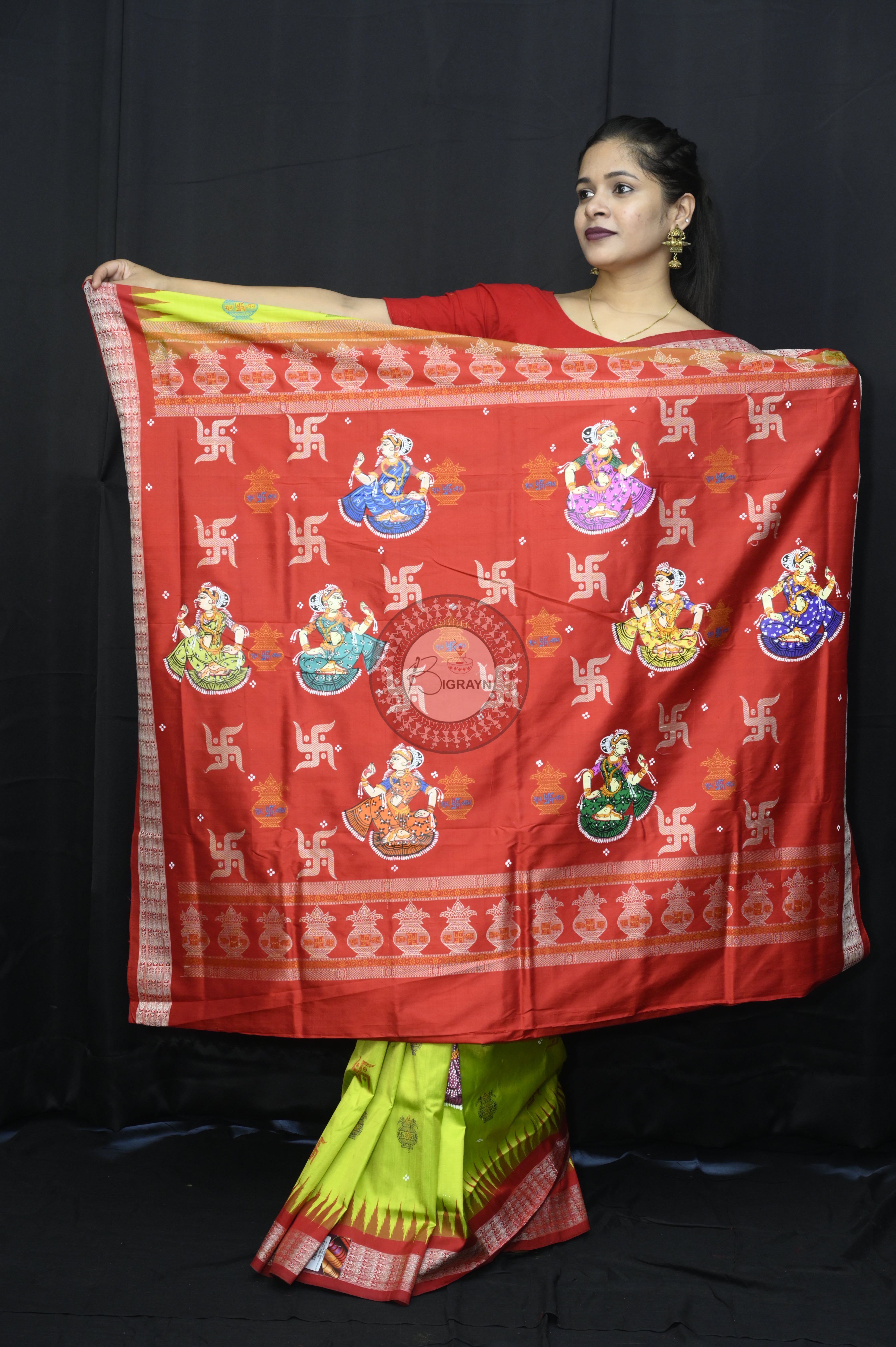 Neon Green Red Swastik Kalashi With Dancer Theme Pattachitra Sambalpuri Silk Saree