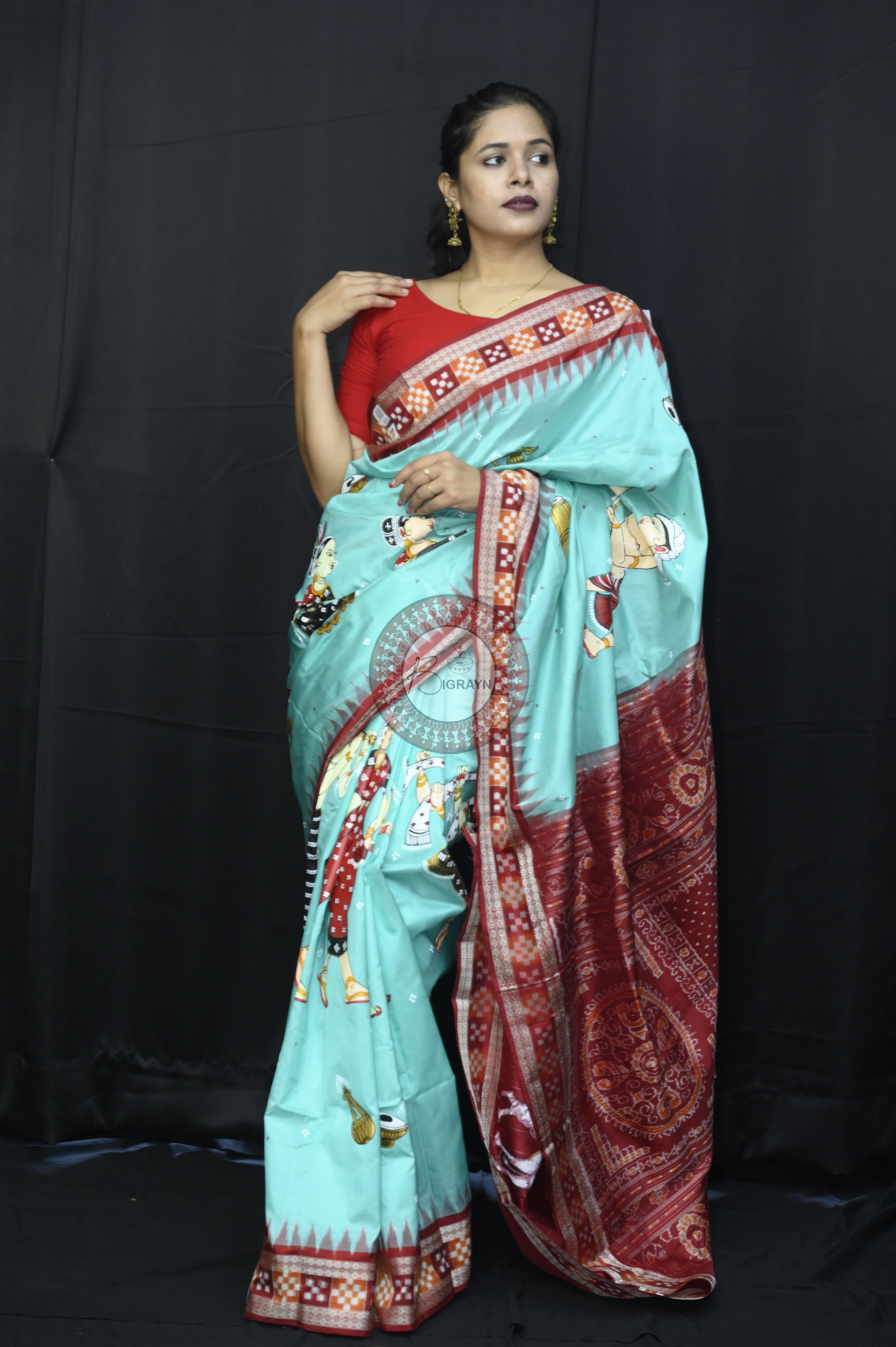 Sky Maroon Full Body Dancer Theme Pattachitra Sambalpuri Sakta Border Silk Saree