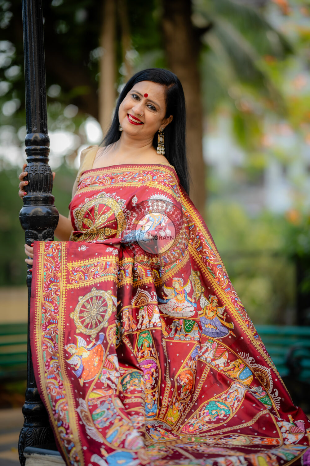 Maroon Konark Chakra Pattachitra Silk Saree