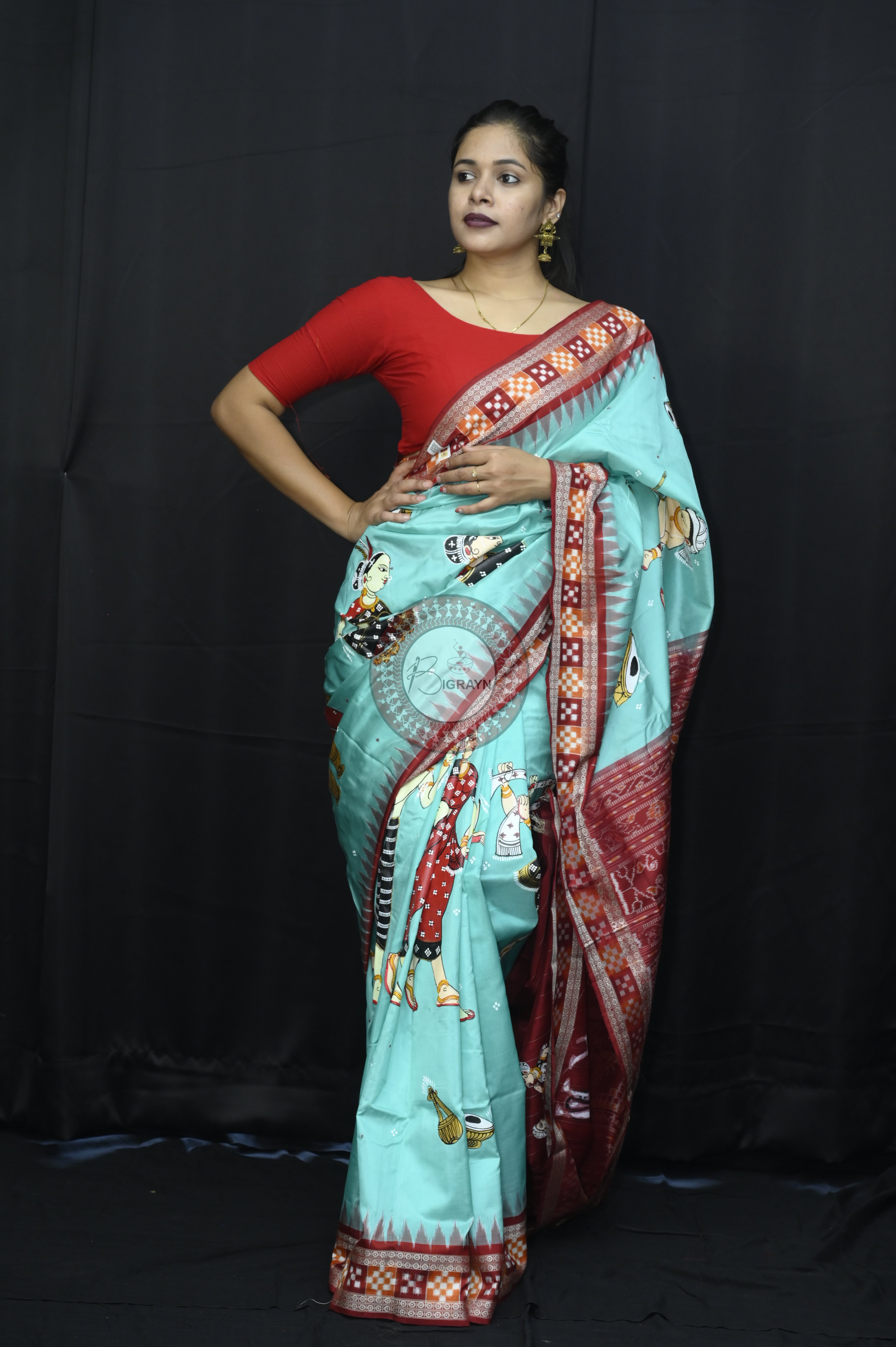 Sky Maroon Full Body Dancer Theme Pattachitra Sambalpuri Sakta Border Silk Saree