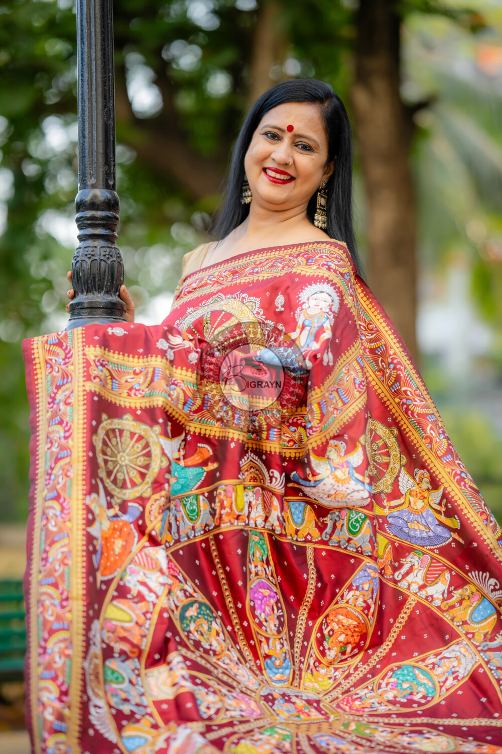 Maroon Konark Chakra Pattachitra Silk Saree