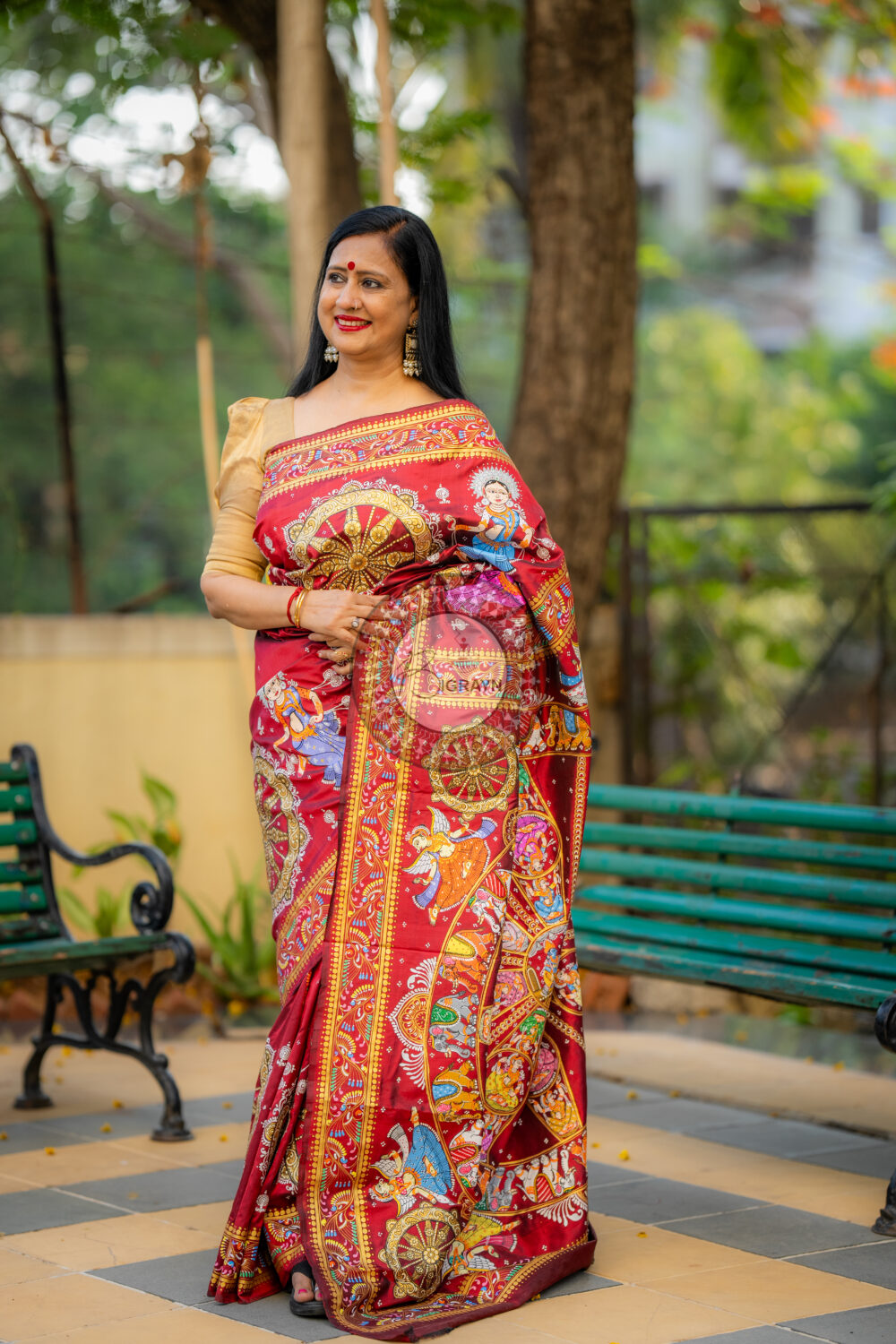 Maroon Konark Chakra Pattachitra Silk Saree