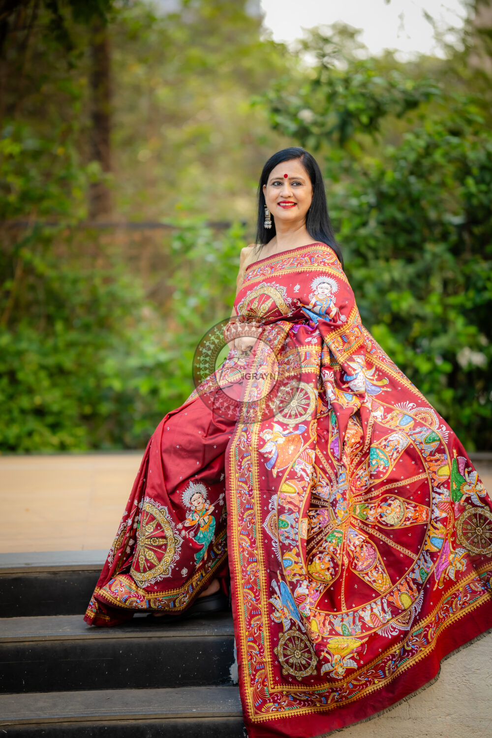 Maroon Konark Chakra Pattachitra Silk Saree