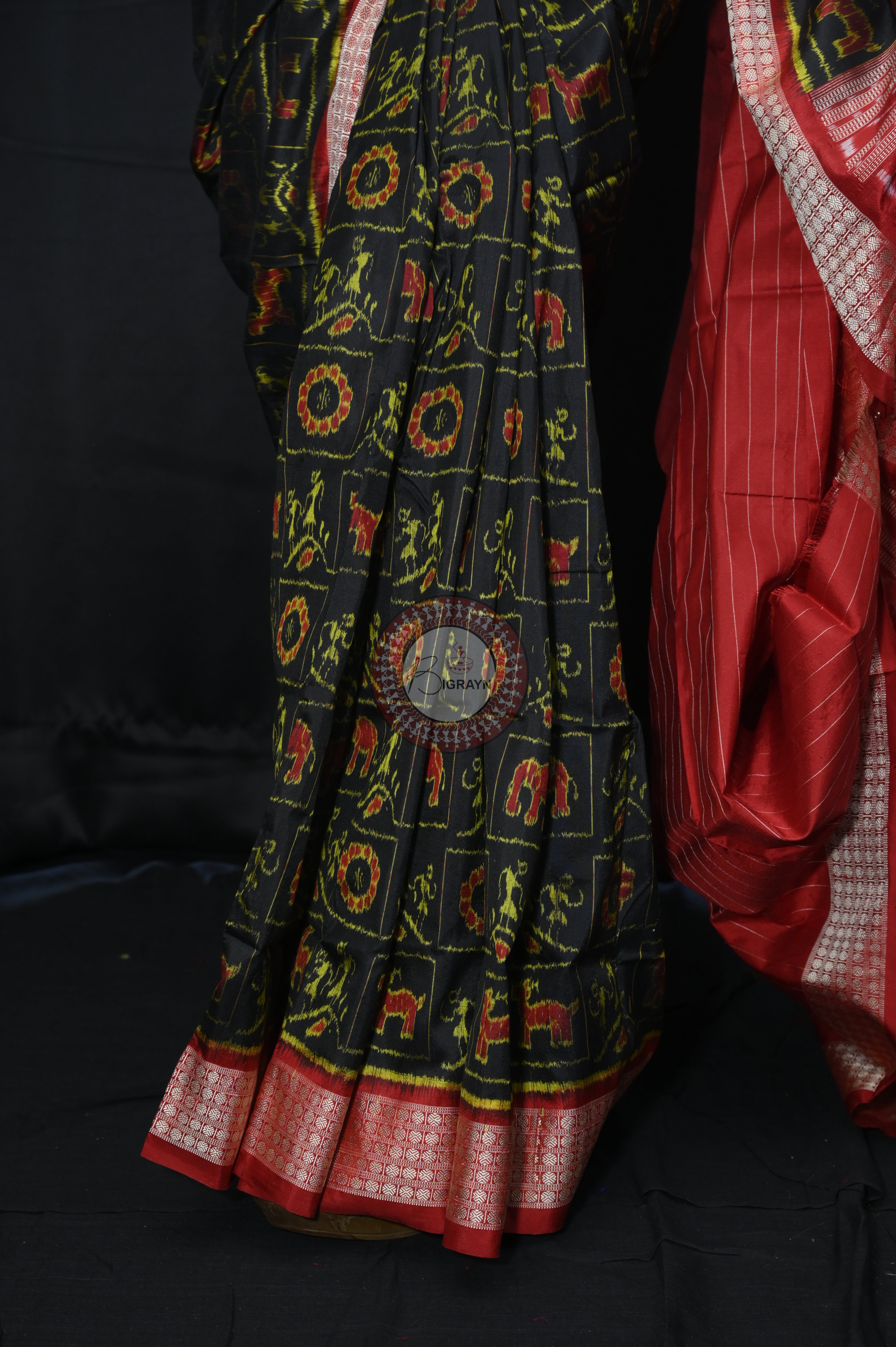 Black Red Tribal And Animal Sambalpuri Silk Saree