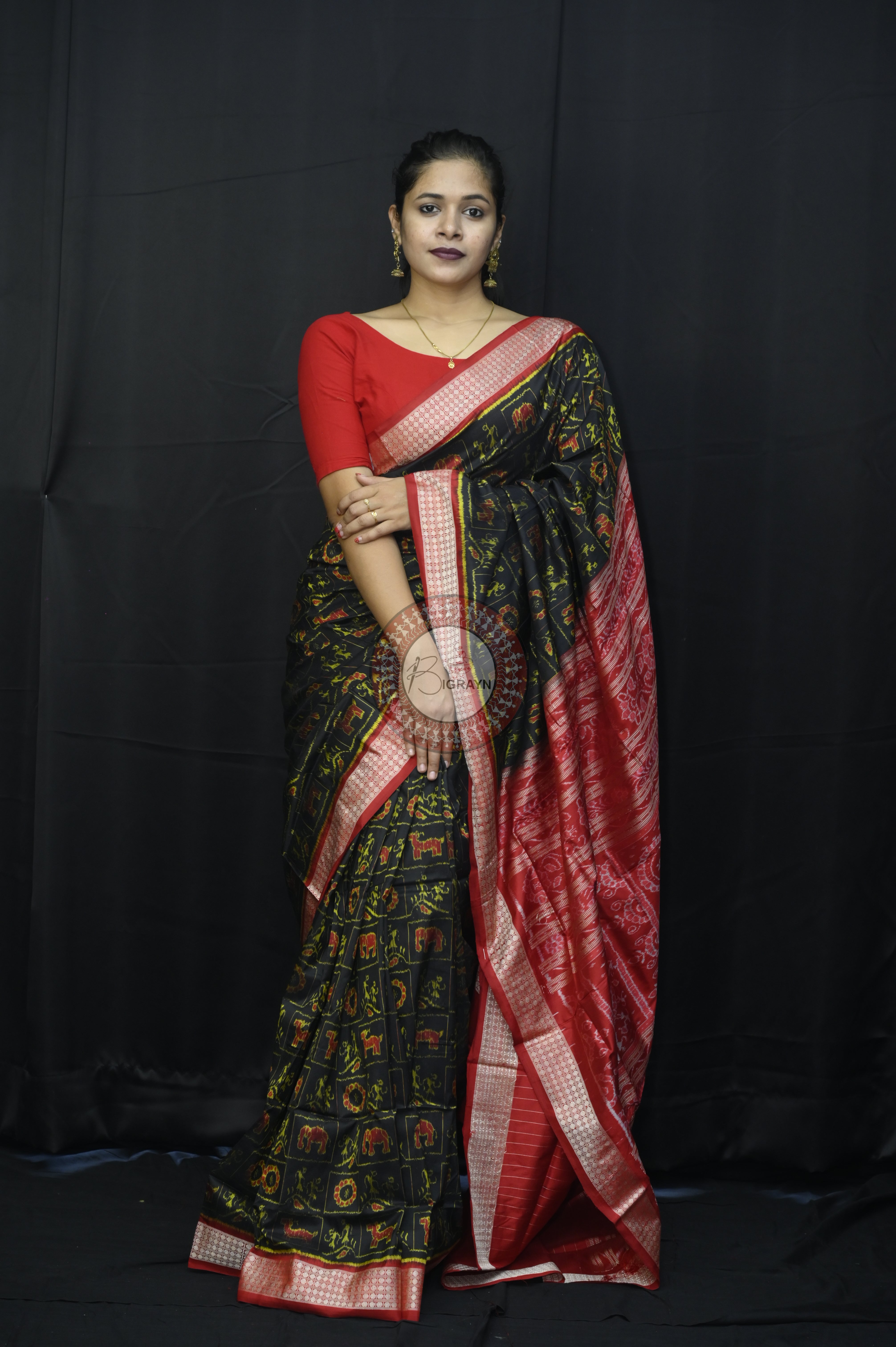 Black Red Tribal And Animal Sambalpuri Silk Saree