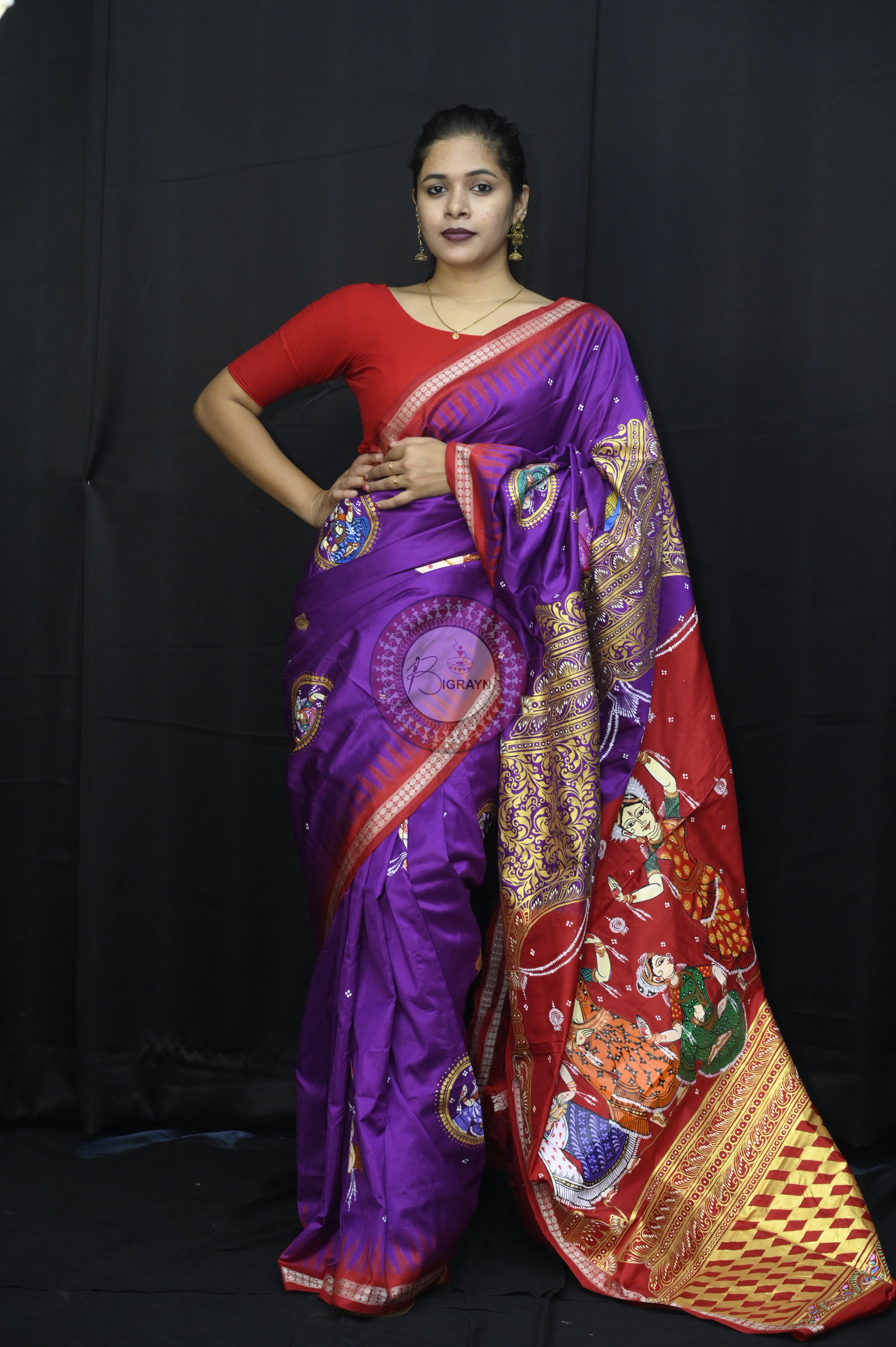 Purple Red Odishi Dancer Theme Pattachitra Sambalpuri Silk Saree