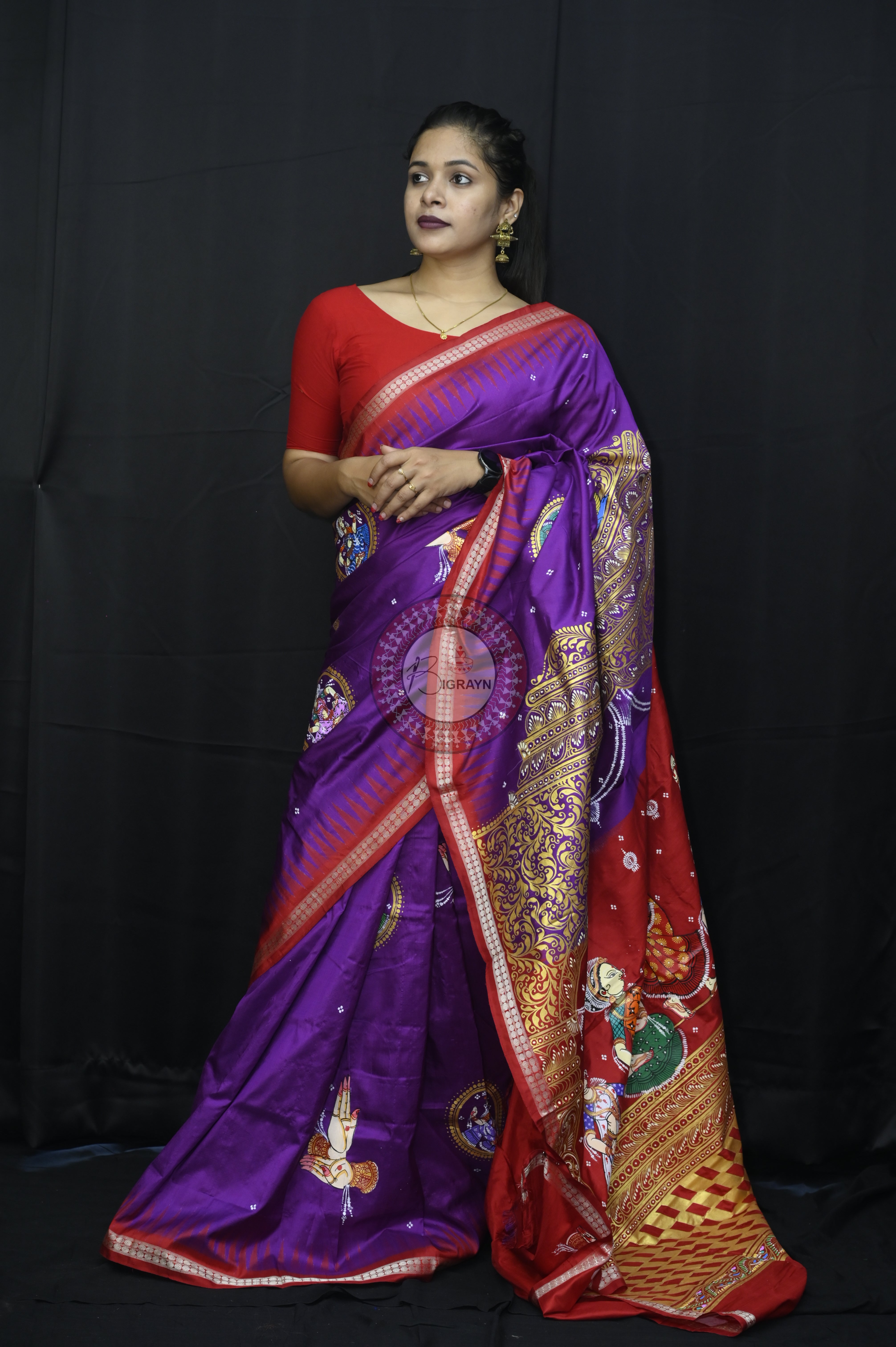 Purple Red Odishi Dancer Theme Pattachitra Sambalpuri Silk Saree