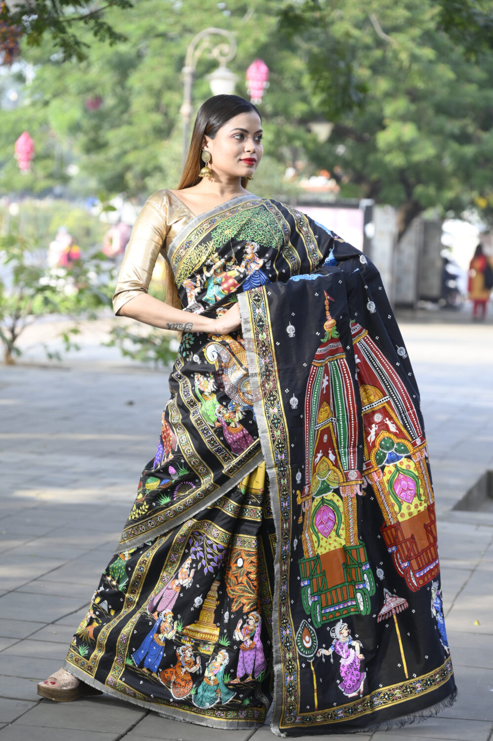 Black All Fastival Theme Pattachitra Sambalpuri Silk Saree