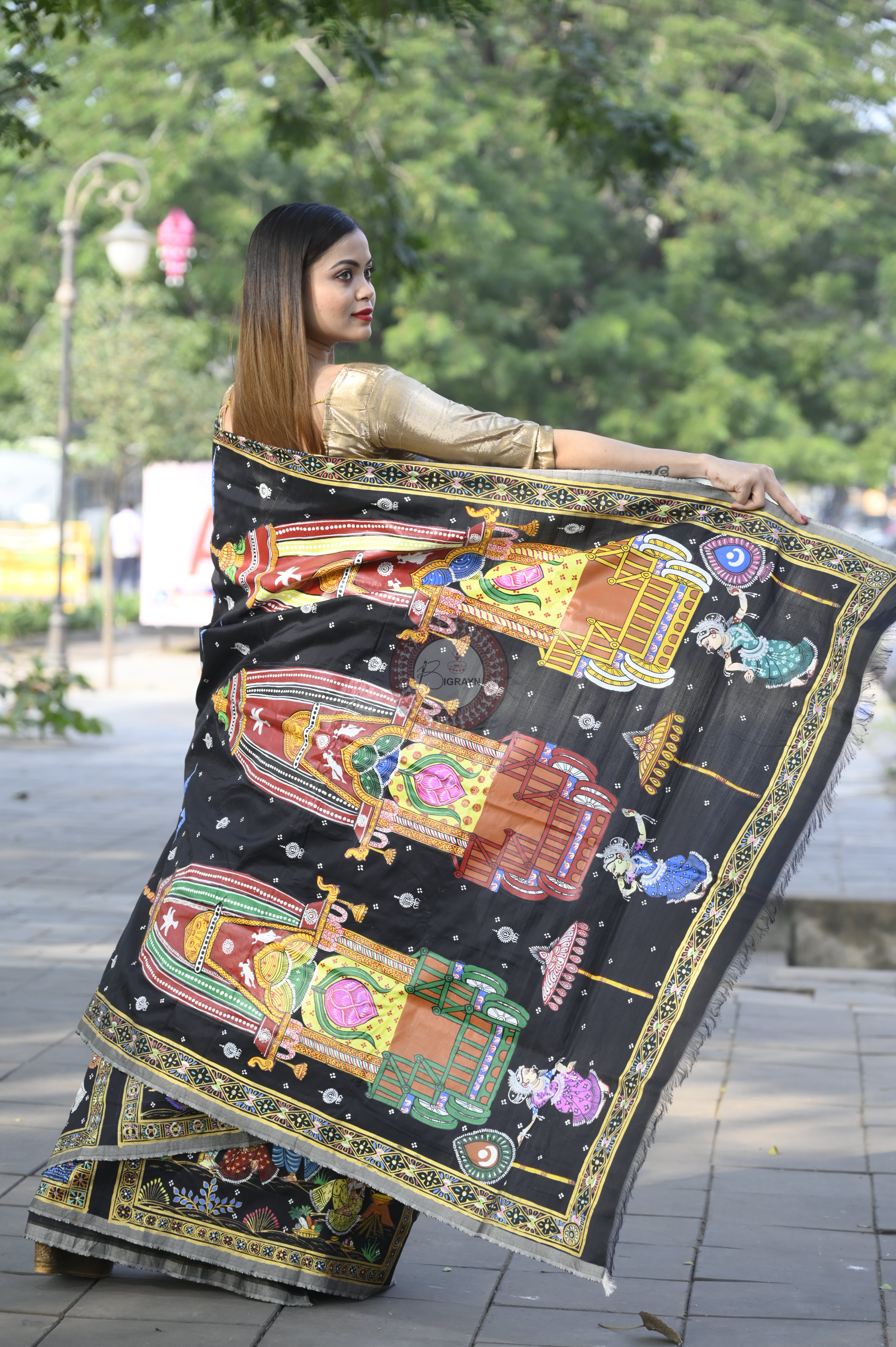 Black All Fastival Theme Pattachitra Sambalpuri Silk Saree