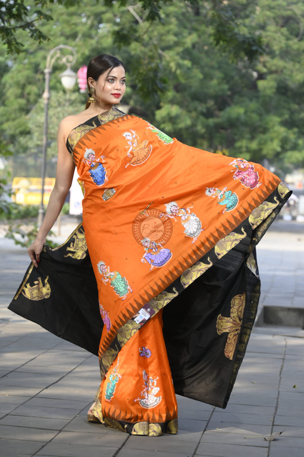 Orange Black Akshardham Temple Theme Pattachitra Sambalpuri Silk Saree